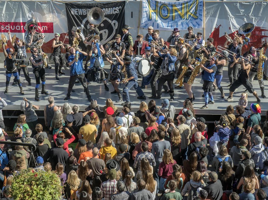 The HONK! Festival featured dozens of performers, including the Somerville-based Emperor Norton’s Stationary Marching Band.