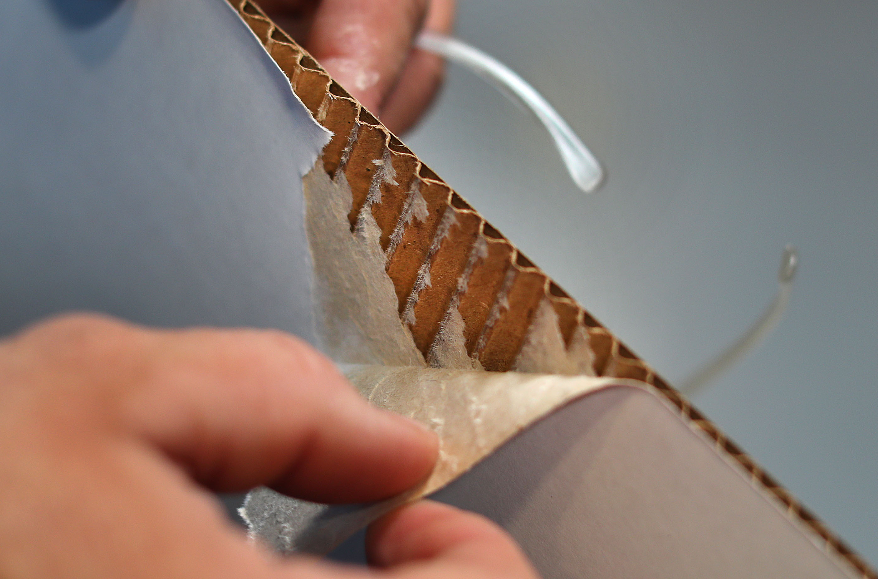 A piece of cardboard is checked for quality. The layers are held together by starch.