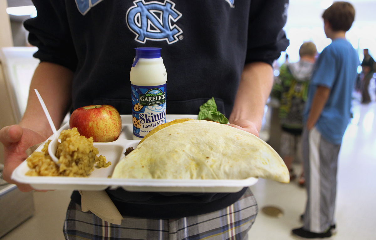 In Manchester, a lunch of tacos, rice, apple, and low-fat milk.