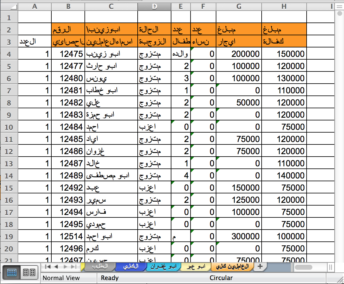 TERROR WITH AN H.R. DEPARTMENT: An ISI spreadsheet captured in 2008 recorded personnel information for more than 1,000 members. Columns translate roughly as “Sequence Number,” “Name,” “Marital Status,” “Children,” “Women,” “Rent Amount” (extra payments some members got each month), and “Bail,” which refers to the monthly salary everyone received.
