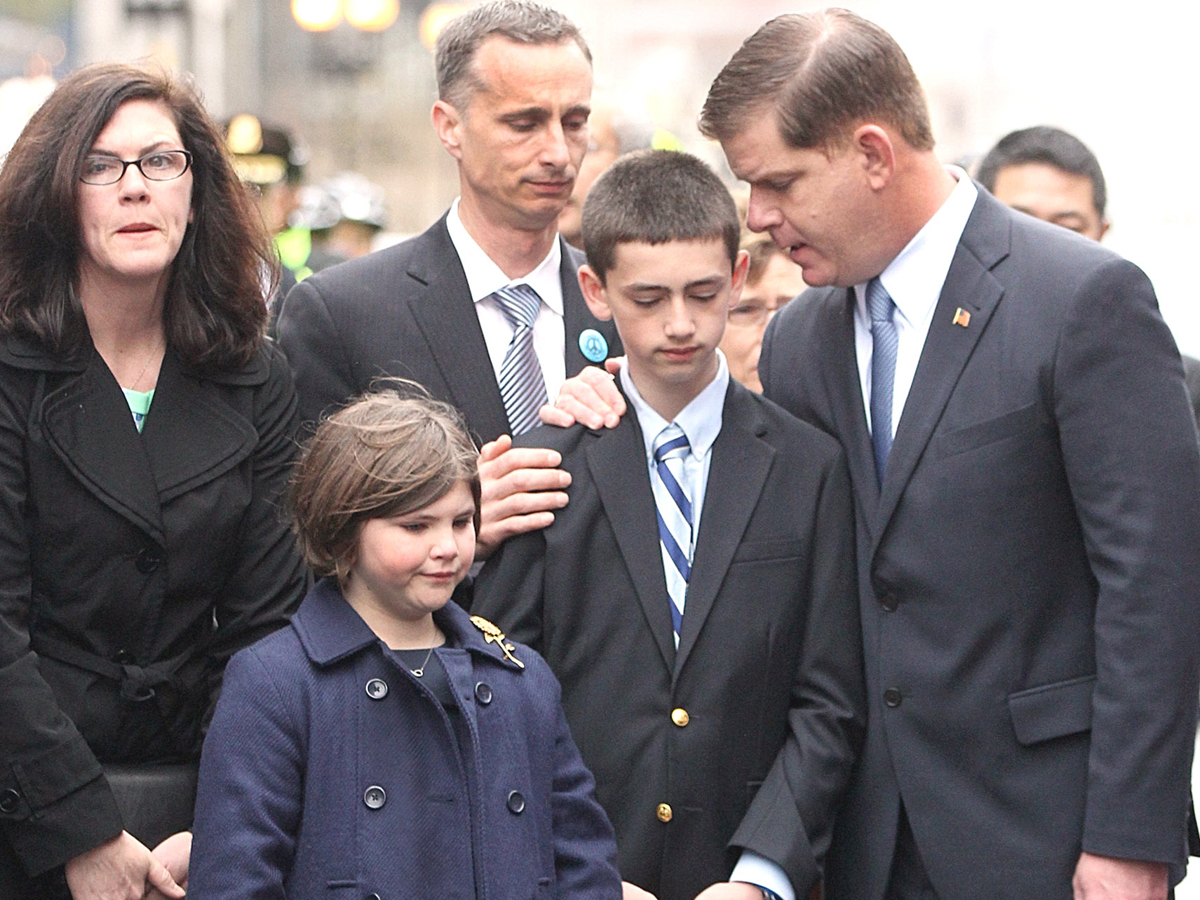 Mayor Martin J. Walsh expressed condolences to Denise and Bill Richard and their children Jane and Henry for the loss of 8-year-old Martin Richard last year.