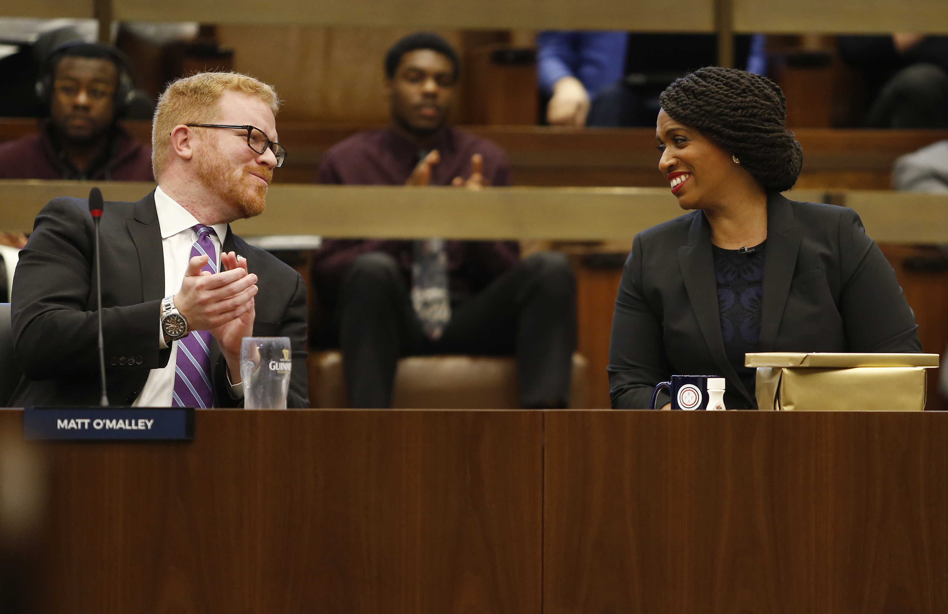 Congresswoman-elect Ayanna Pressley smiled as City Councilor Matt O'Malley wished her farewell at City Hall.