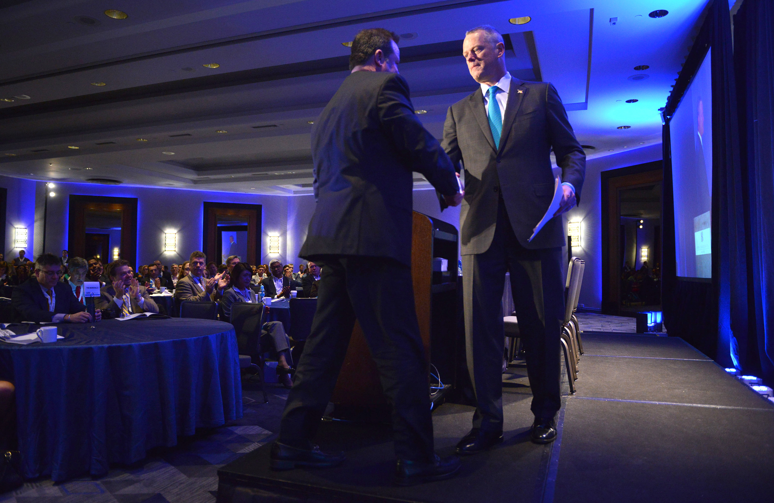 Governor Charlie Baker spoke at the Massachusetts Biotechnology Council annual meeting at the Royal Sonesta Hotel in Cambridge in 2016.