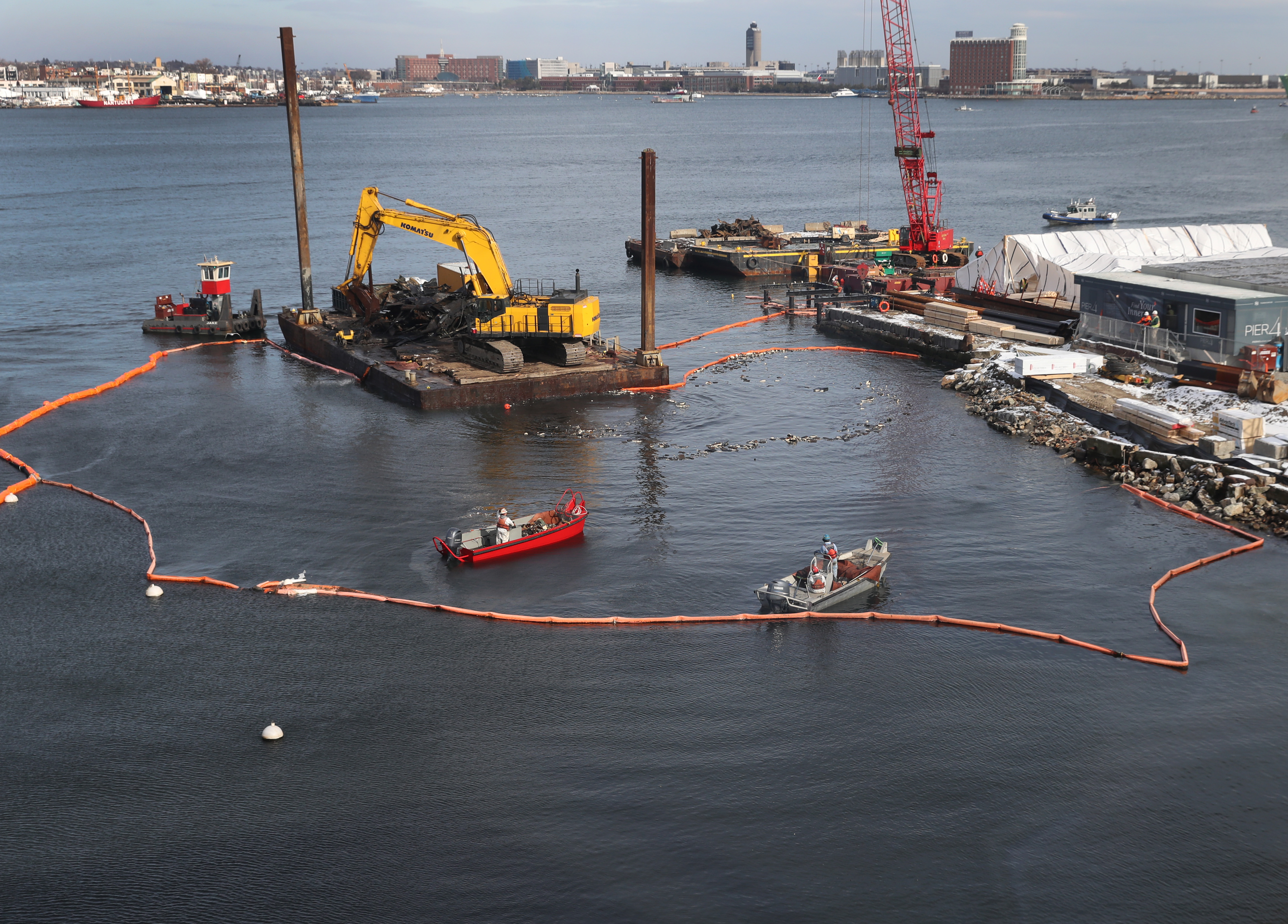 Crews worked to bring up the remains of the SS Peter Stuyvesant this month in Boston Harbor. The excavation project began in January.