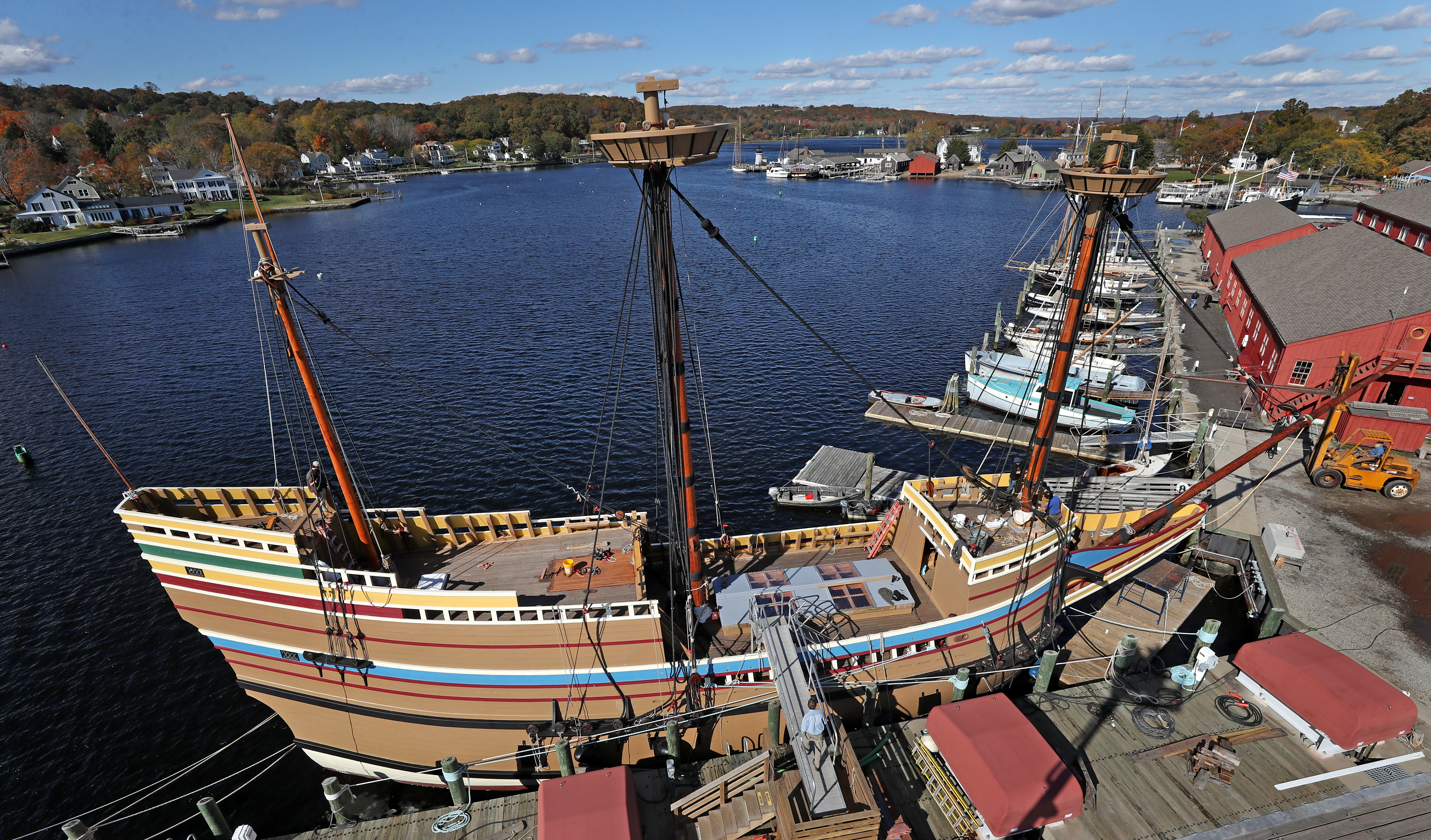 The Mayflower II is undergoing restoration at the Henry B. duPont Preservation Shipyard at Mystic Seaport in Mystic, Conn., to prepare the ship for the 400th anniversary of the Pilgrims' voyage from England to the New World.