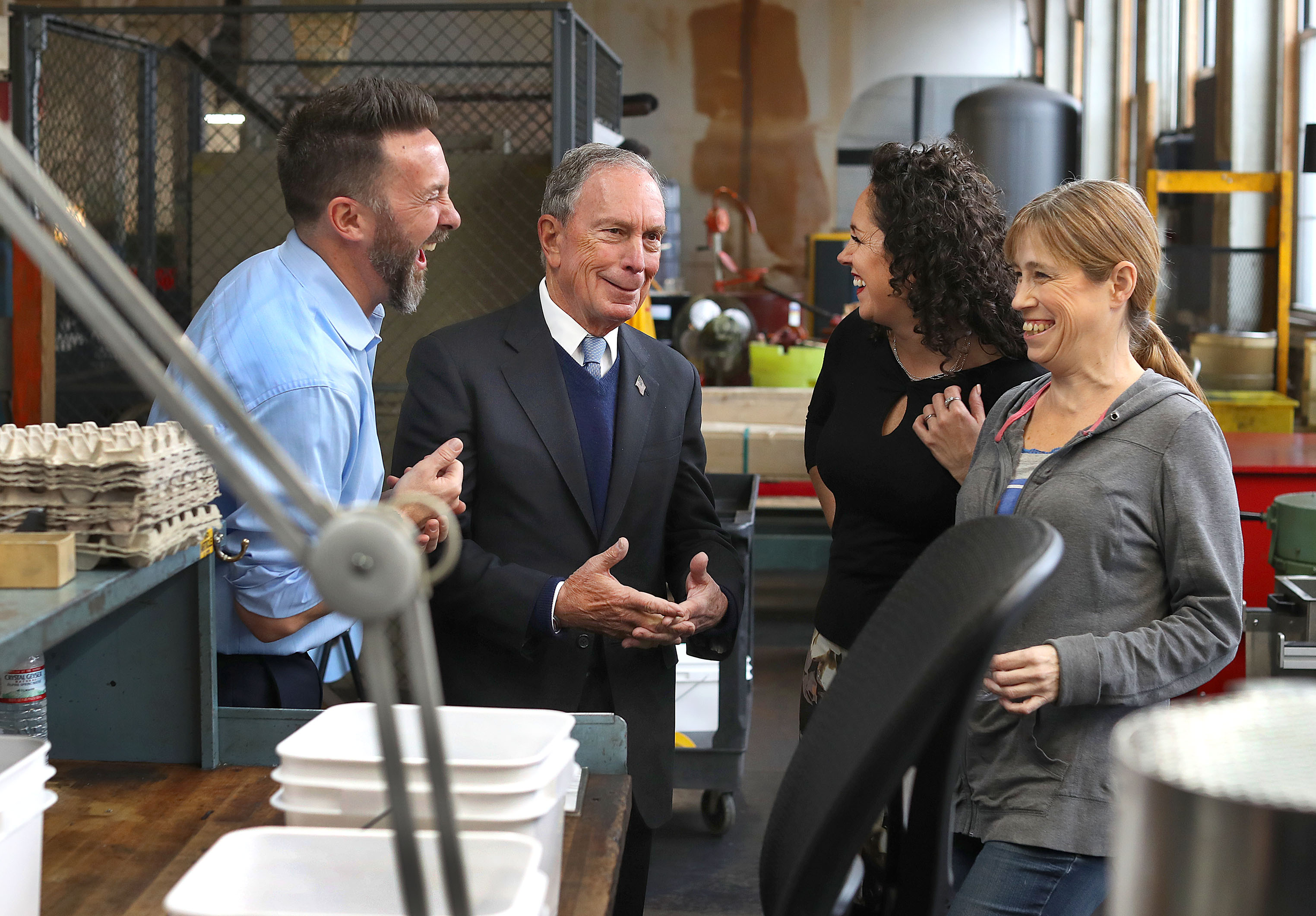 Michael Bloomberg (second fromleft) visited WH Bagshaw Co. in Nashua. He met employee Kim Carter (far right), compnay president Aaron Bagshaw, and vice president Adria Bagshaw. Michael Bloomberg said he’ll decide on a run for president within weeks.