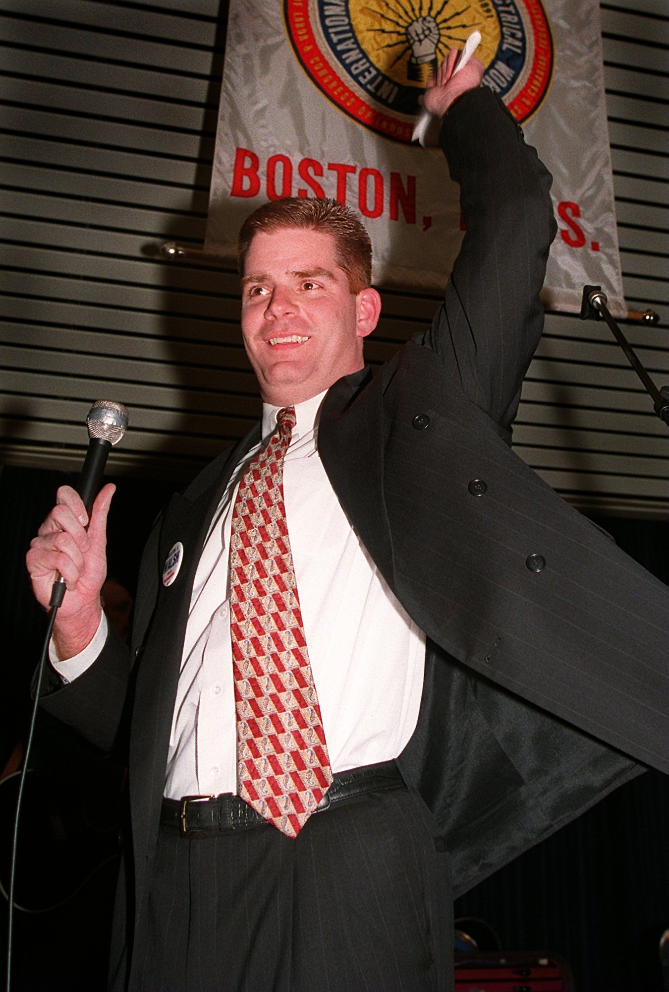 A triumphant Martin Walsh acknowledged the crowd at the IBEW Hall in 1997, after winning a special election for state representative.
