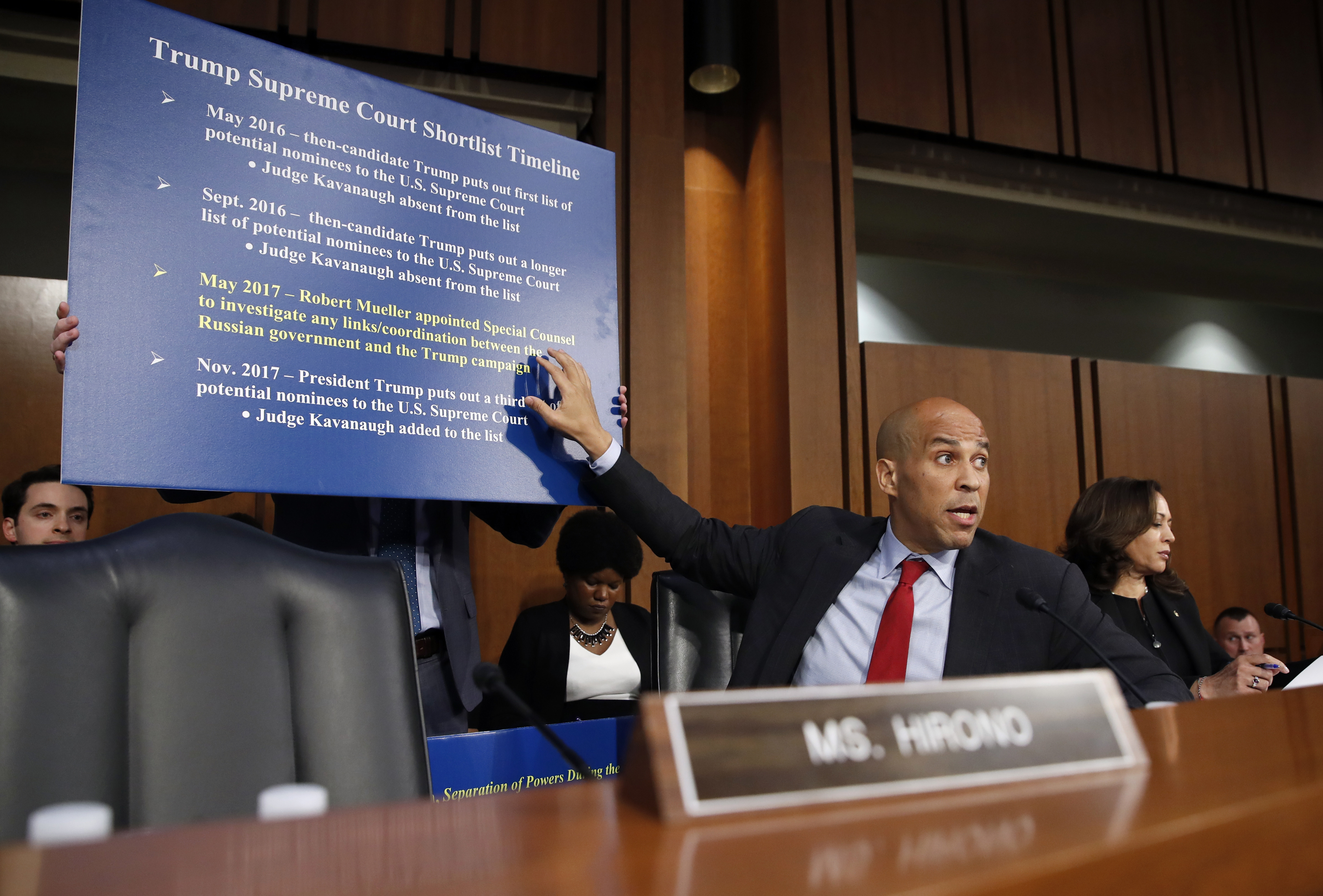 Sen. Cory Booker, D-N.J., gestured as he questions President Donald Trump's Supreme Court nominee, Brett Kavanaugh for the third day of his confirmation hearing to replace retired Justice Anthony Kennedy.