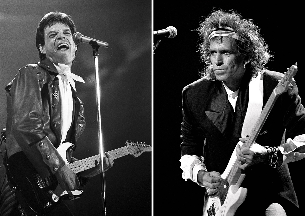 Left, Mick Jagger at Sullivan Stadium on the “Steel Wheels” tour, Sept. 29, 1989. Right, Keith Richards at the Orpheum Theatre during a solo tour in 1989.
