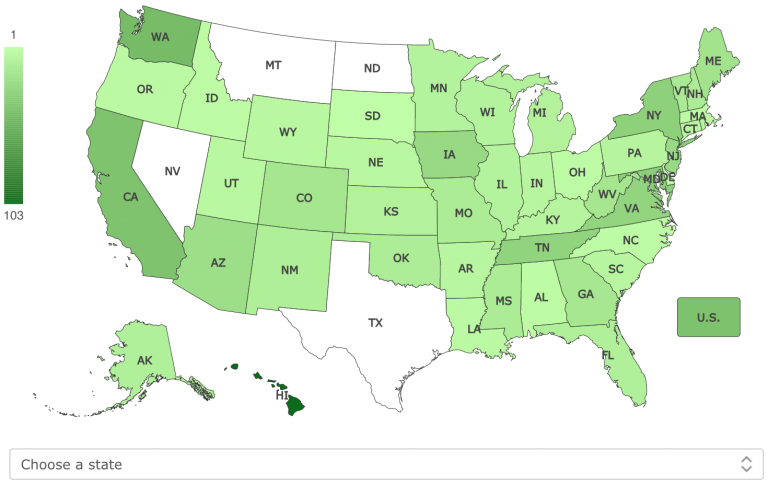 This heat map shows concentrations of relevant bills in each state and Congress.
