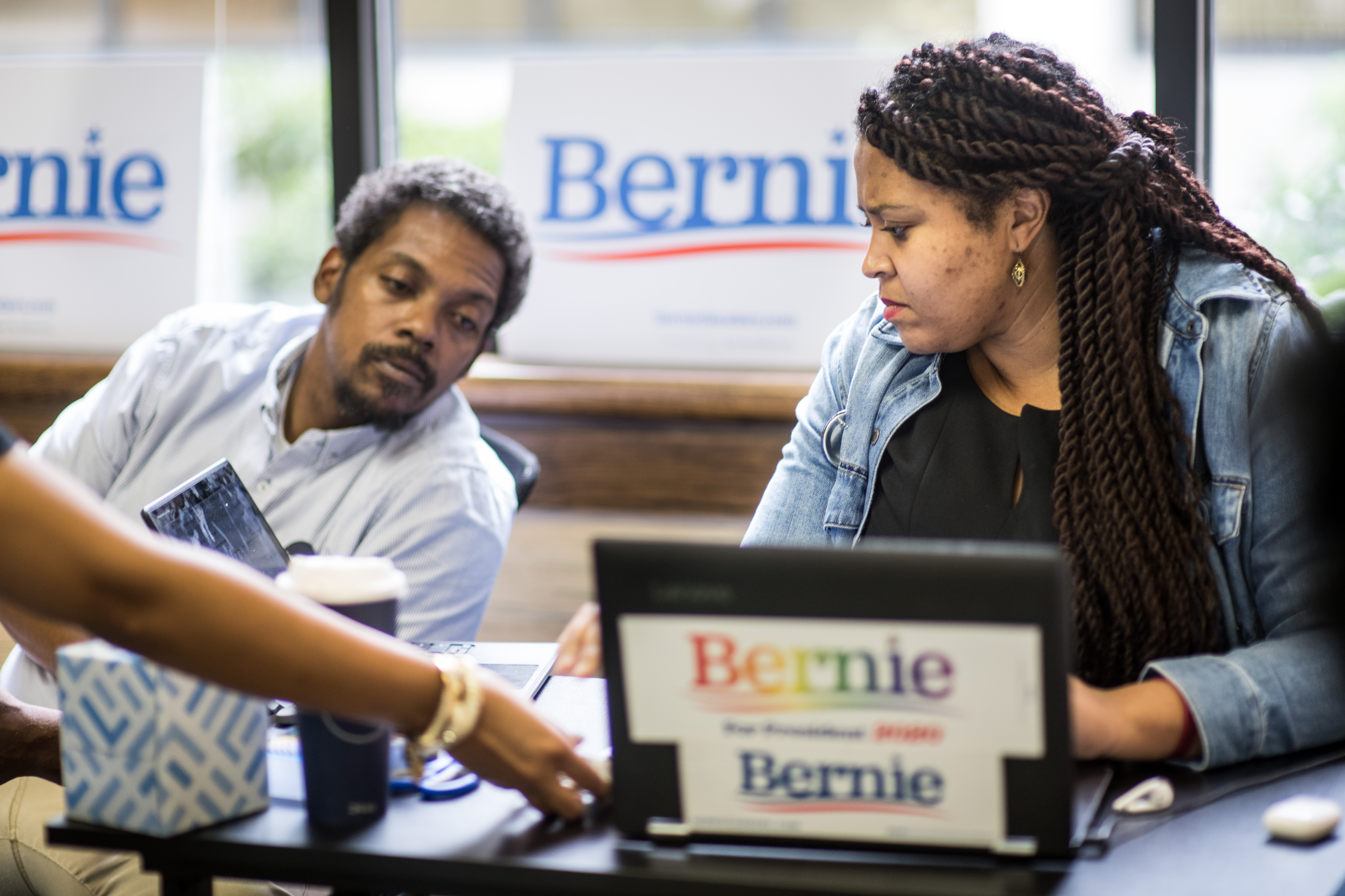 Jessica Bright, South Carolina state director for the 2020 Bernie Sanders presidential campaign, participated in a conference call with Ernest Boston Jr. at their campaign offices Wednesday in Columbia, S.C.