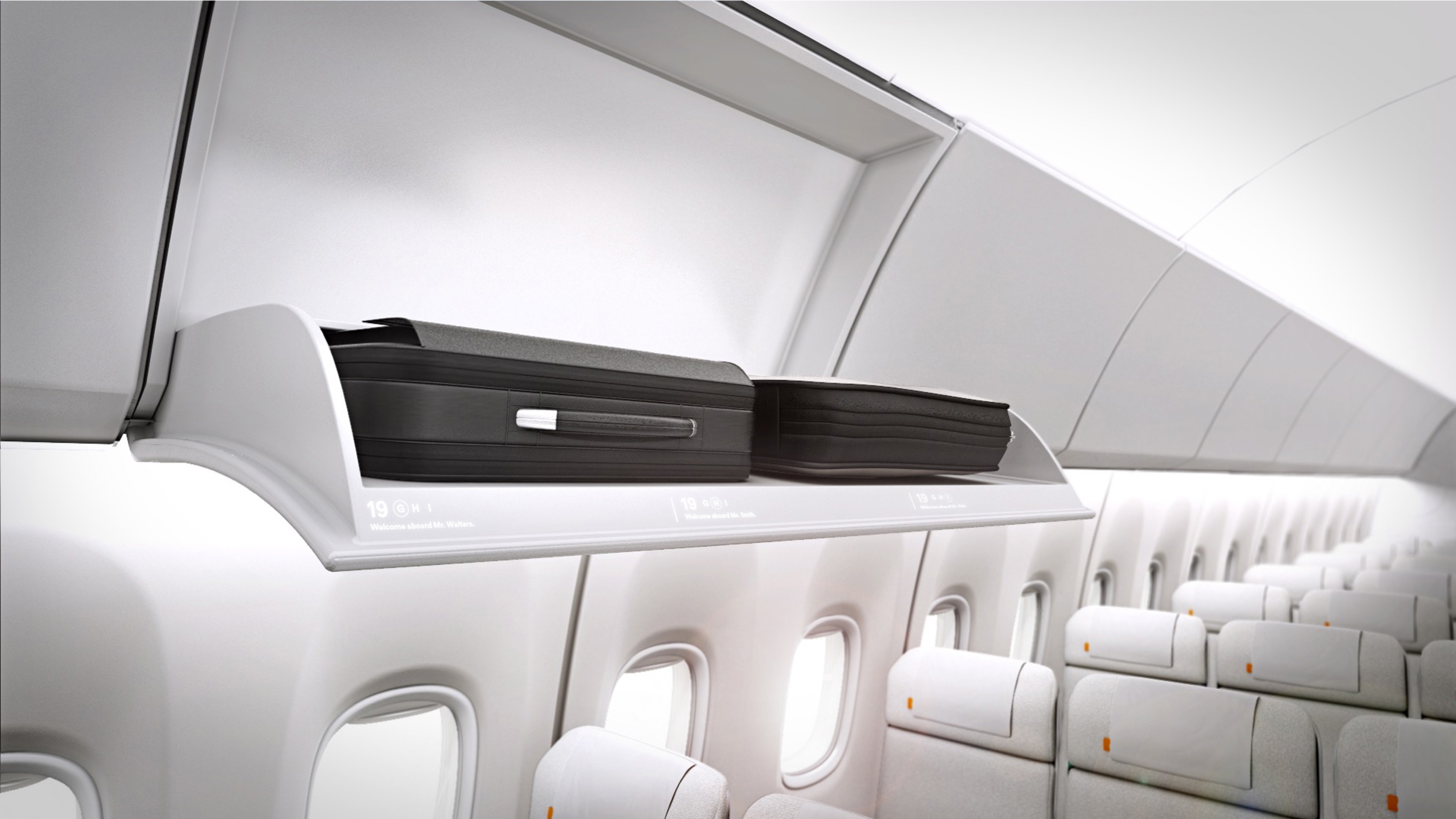 Two carry-on visions: a rendering of Teague’s “fedora bins” for it’s conceptual airline Poppi (above), and Airbus’s new pivoting overhead storage option (below) for the A320, which allows more baggage.