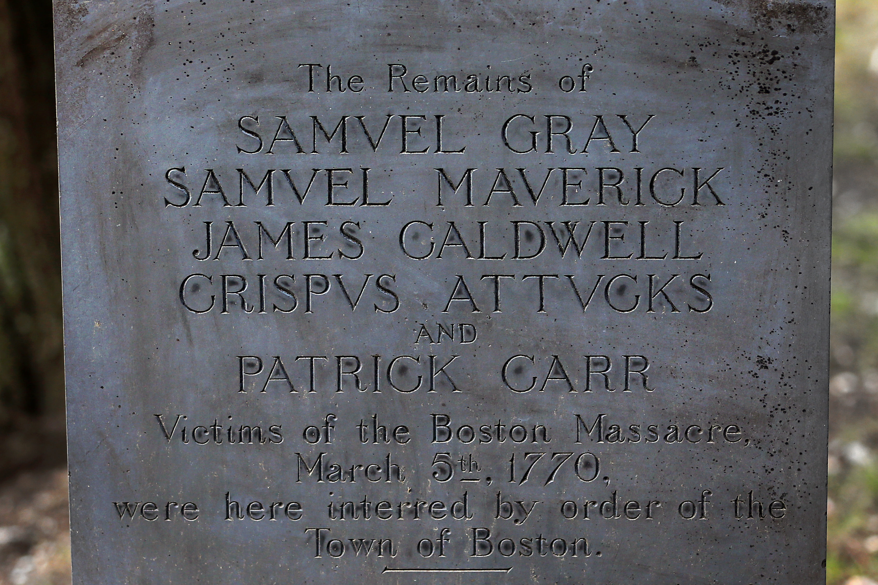 This tombstone in Granary Burial Ground bears the names of the five men killed in the Boston Massacre on March 5, 1770.