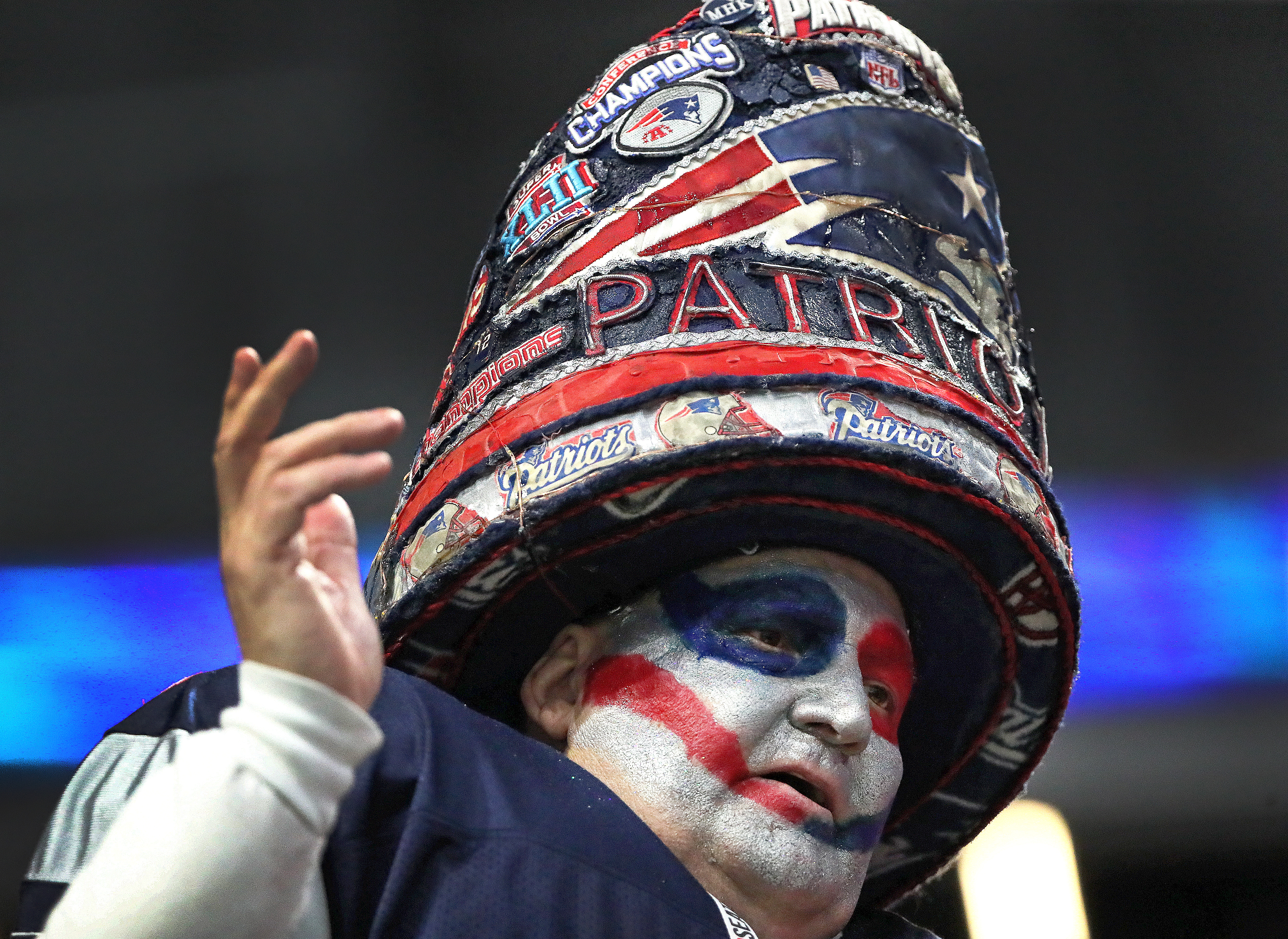 This Patriots fan arrived early for the game.