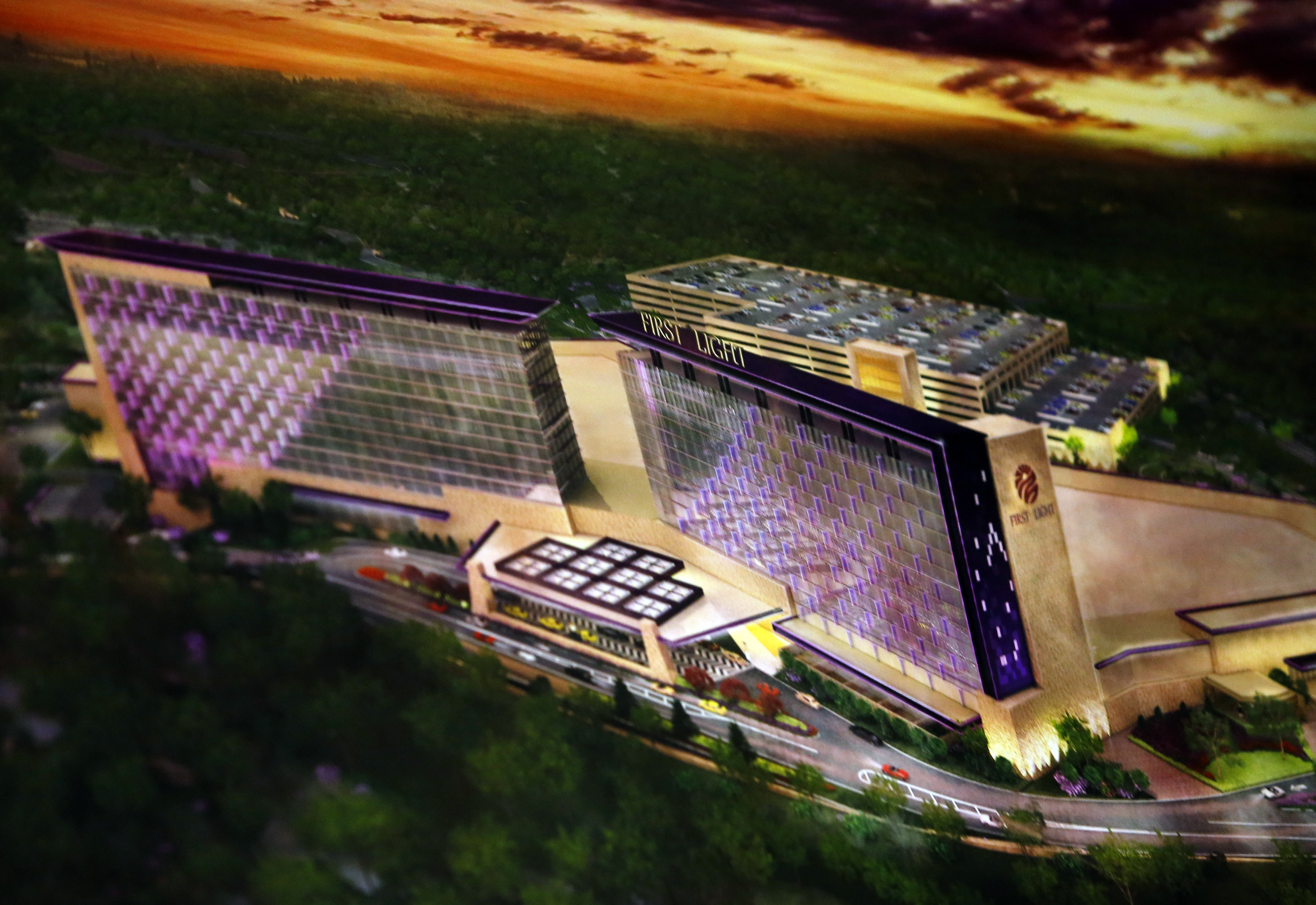 A photo of the rendering of the exterior of the proposed casino.