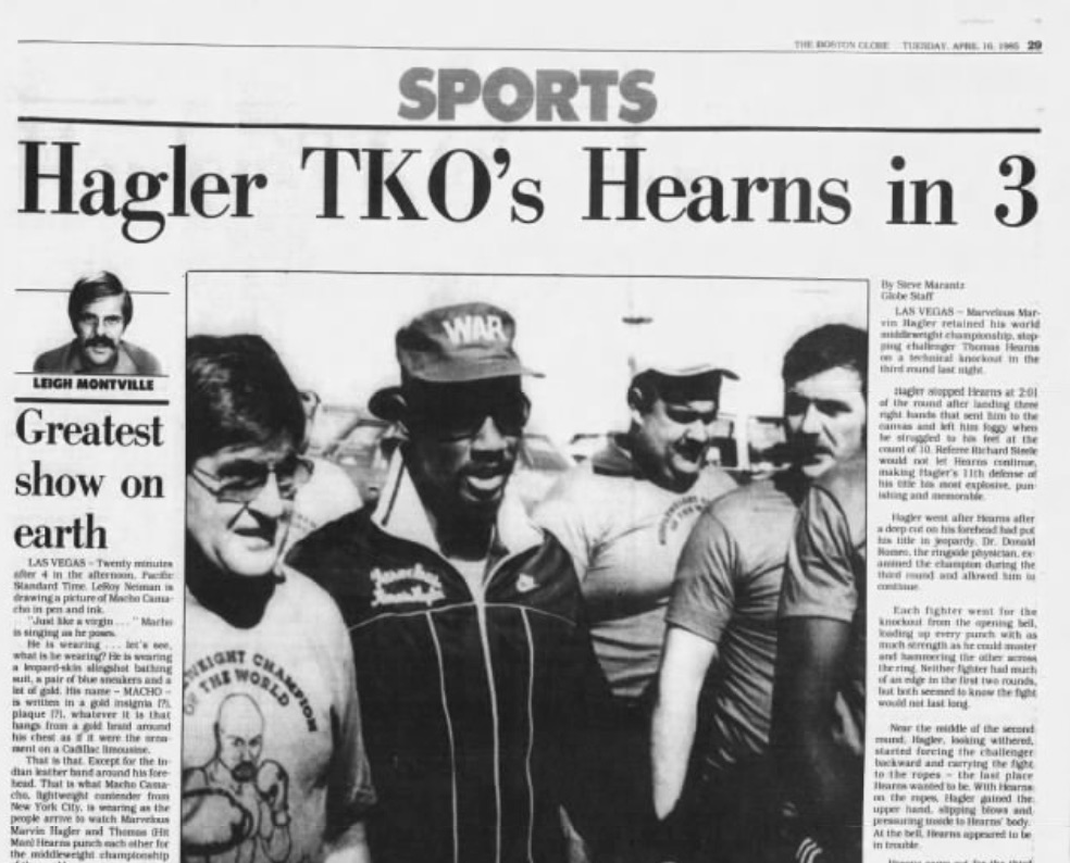 The front page of the Globe sports section on April 16, 1985 led with two stories about the Hagler-Hearns fight.