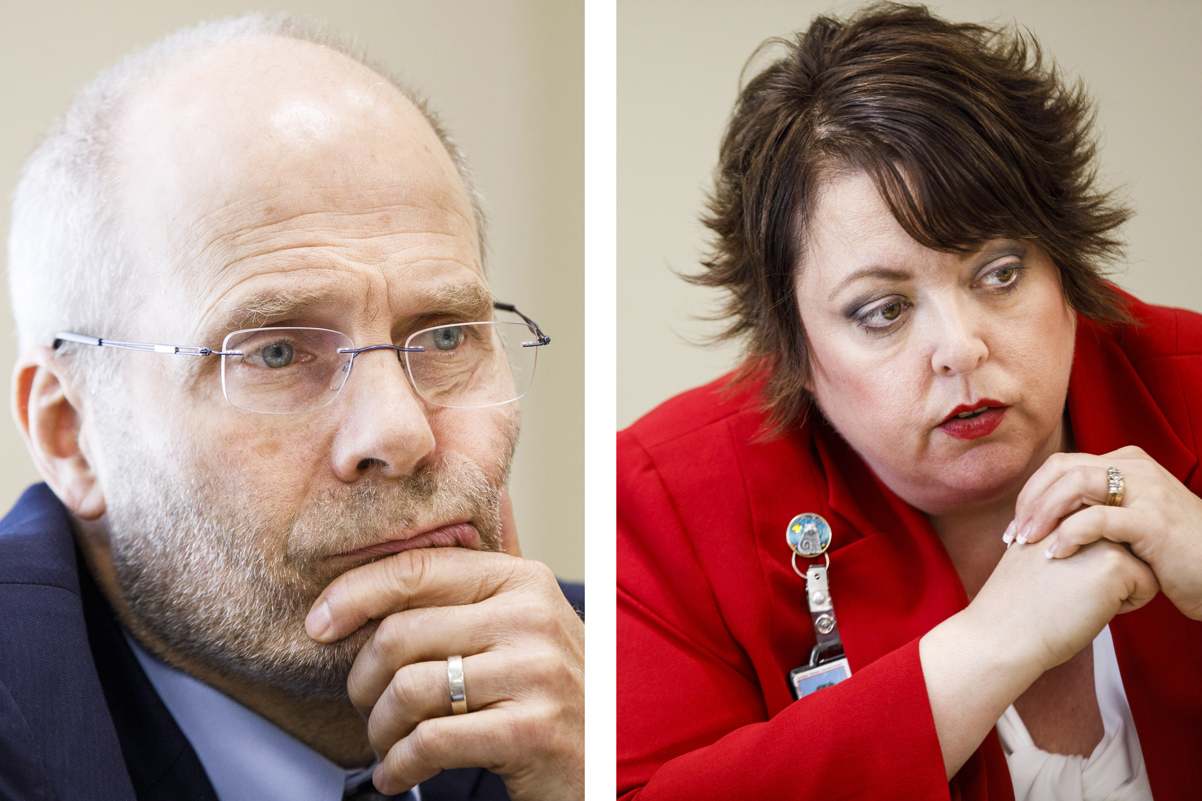 Dr. James Schlosser (left), the Manchester VA hospital’s chief of staff, and Danielle Ocker, its director, during interviews there last month.