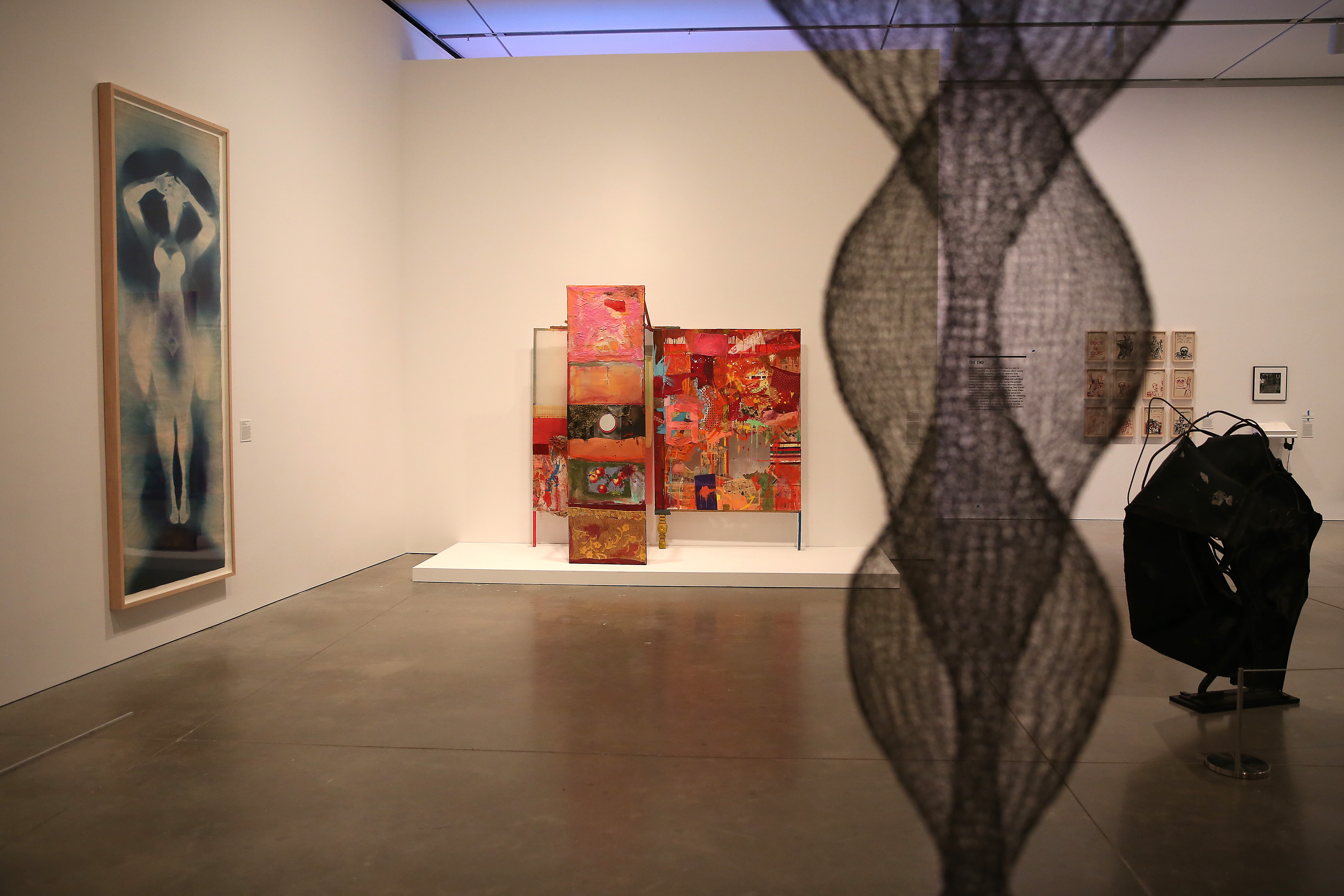 From left: Robert Rauschenberg and Susan Weil’s “Female Figure,” Rauschenberg’s “Minutiae,” and an untitled hanging sculpture by Ruth Asawa.