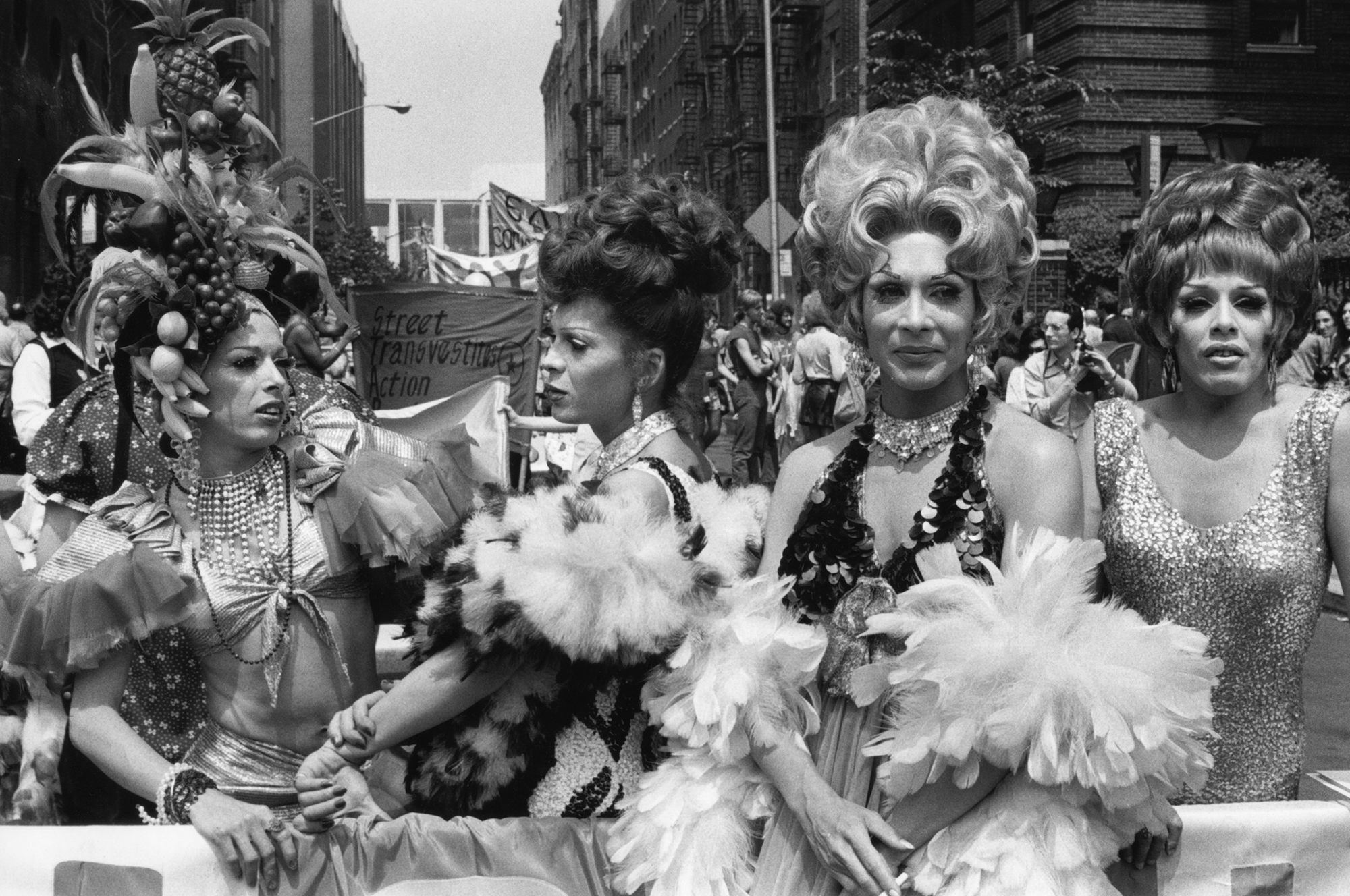 Portrait of members of STAR, the Street Transvestites Action Revolutionaries, at the fourth annual Gay Pride Day March in New York in June, 1973.