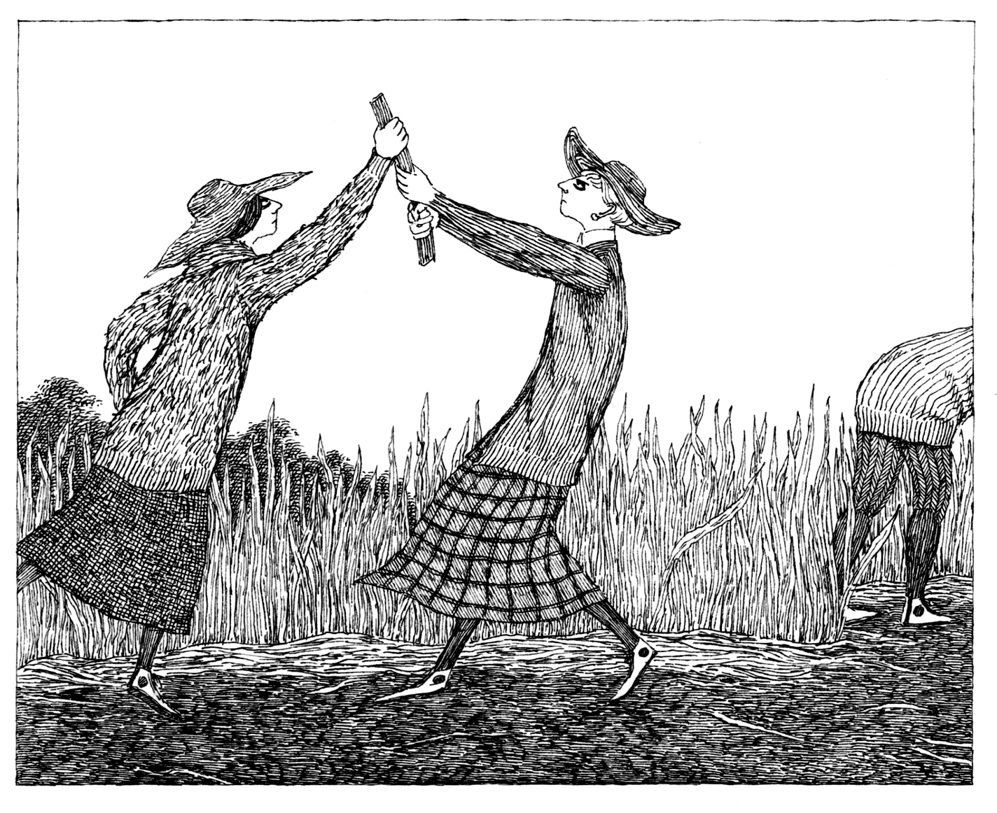His tale of “The Deranged Cousins” (above) killed them off in typical Gorey fashion: the macabre infused with humor. This drawing is part of the anniversary exhibit.
