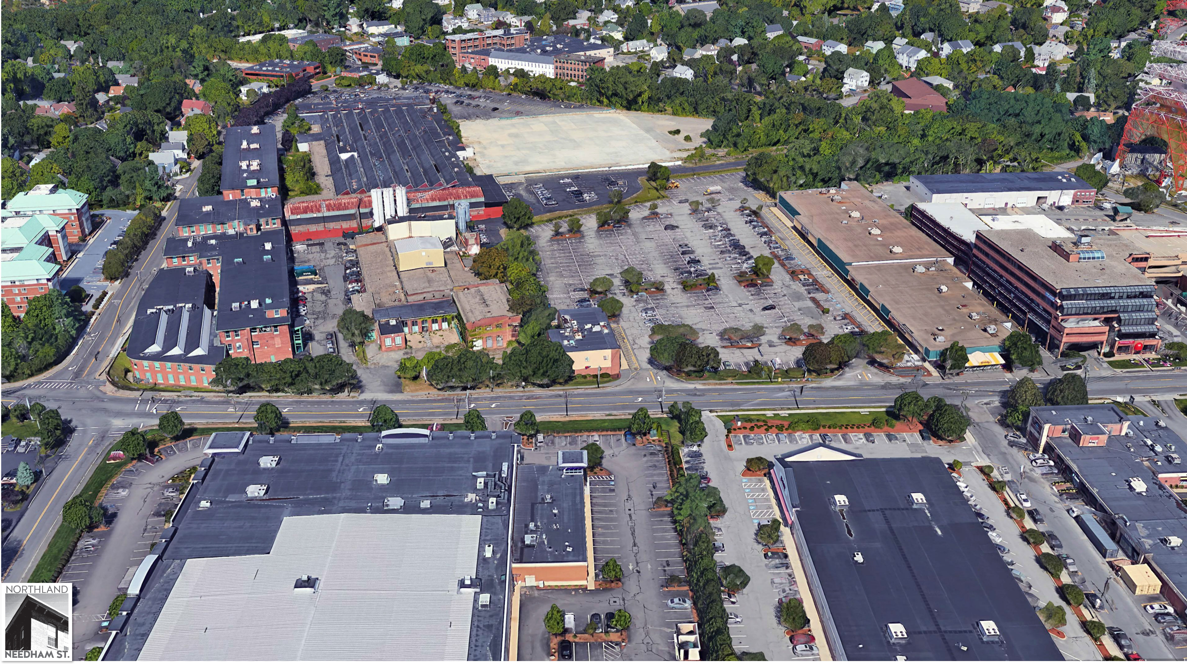 A recent aerial view of Needham Street in Newton.