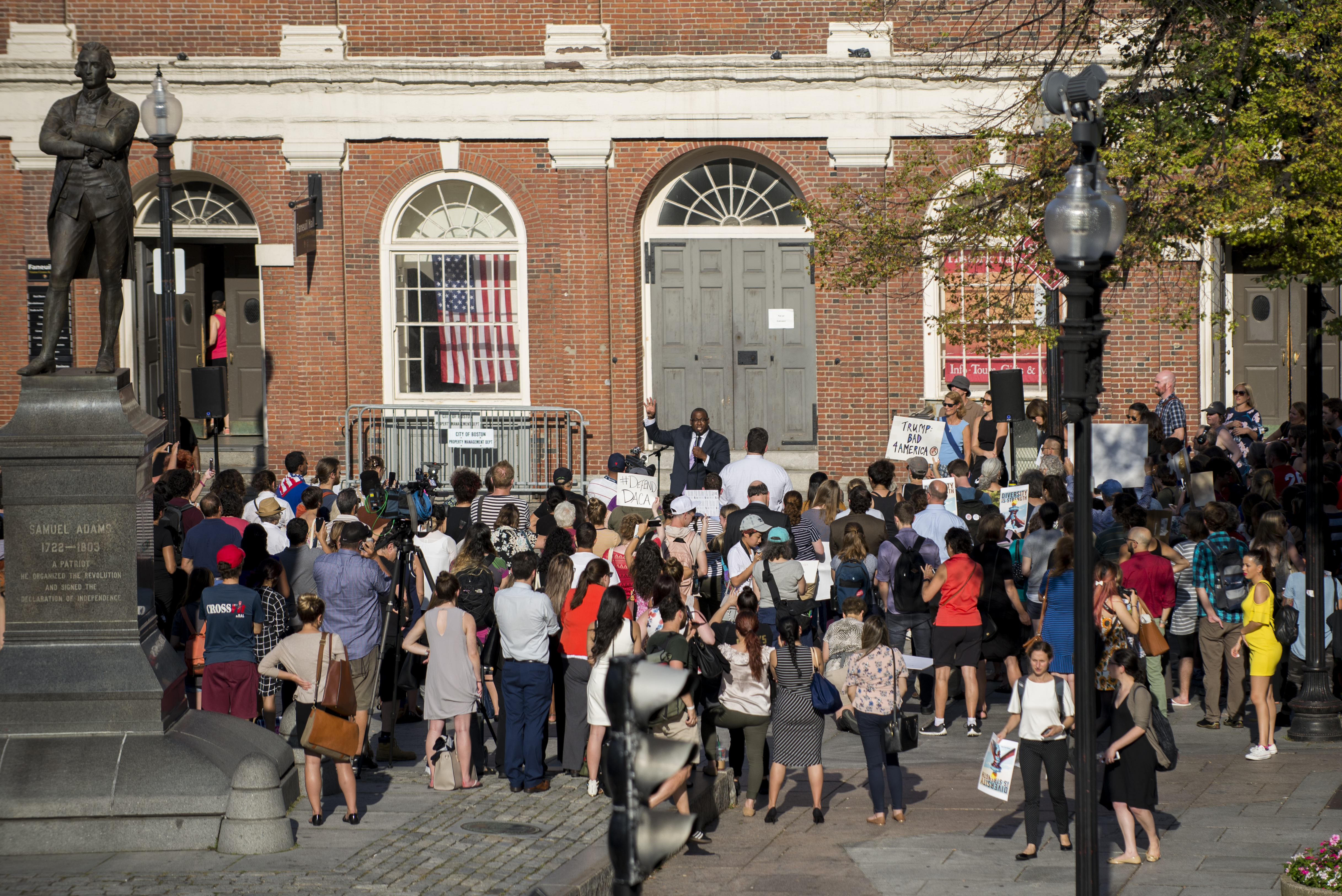 Mayoral candidate, Tito Jackson, addresses the crowd near Faneuil Hall during a last-minute rally in response to the planned appeal of DACA.