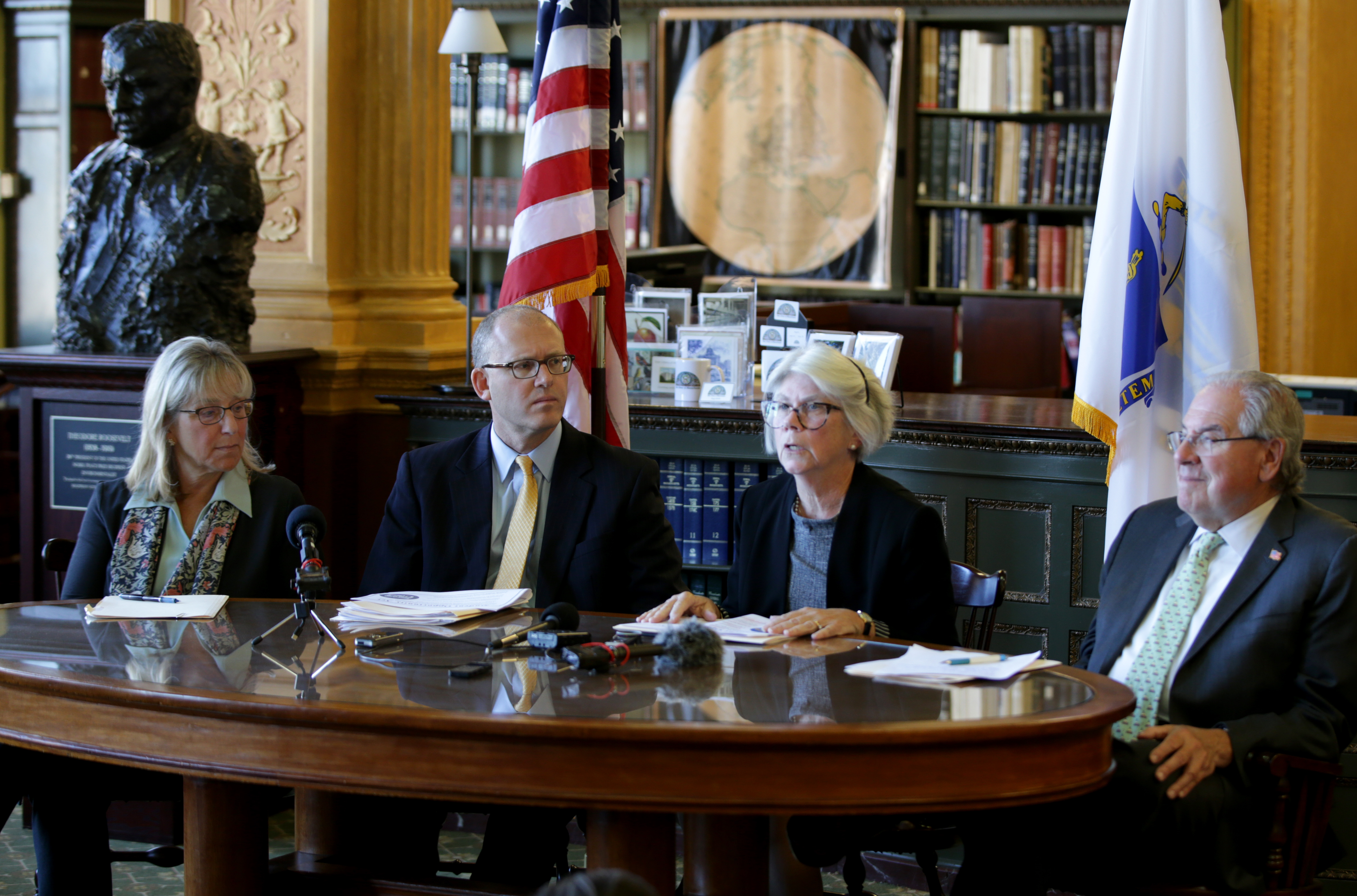 Senate President Karen E. Spilka, Senator Jason Lewis, Representative Alice Peisch, and House Speaker Robert DeLeo were at the morning press conference.