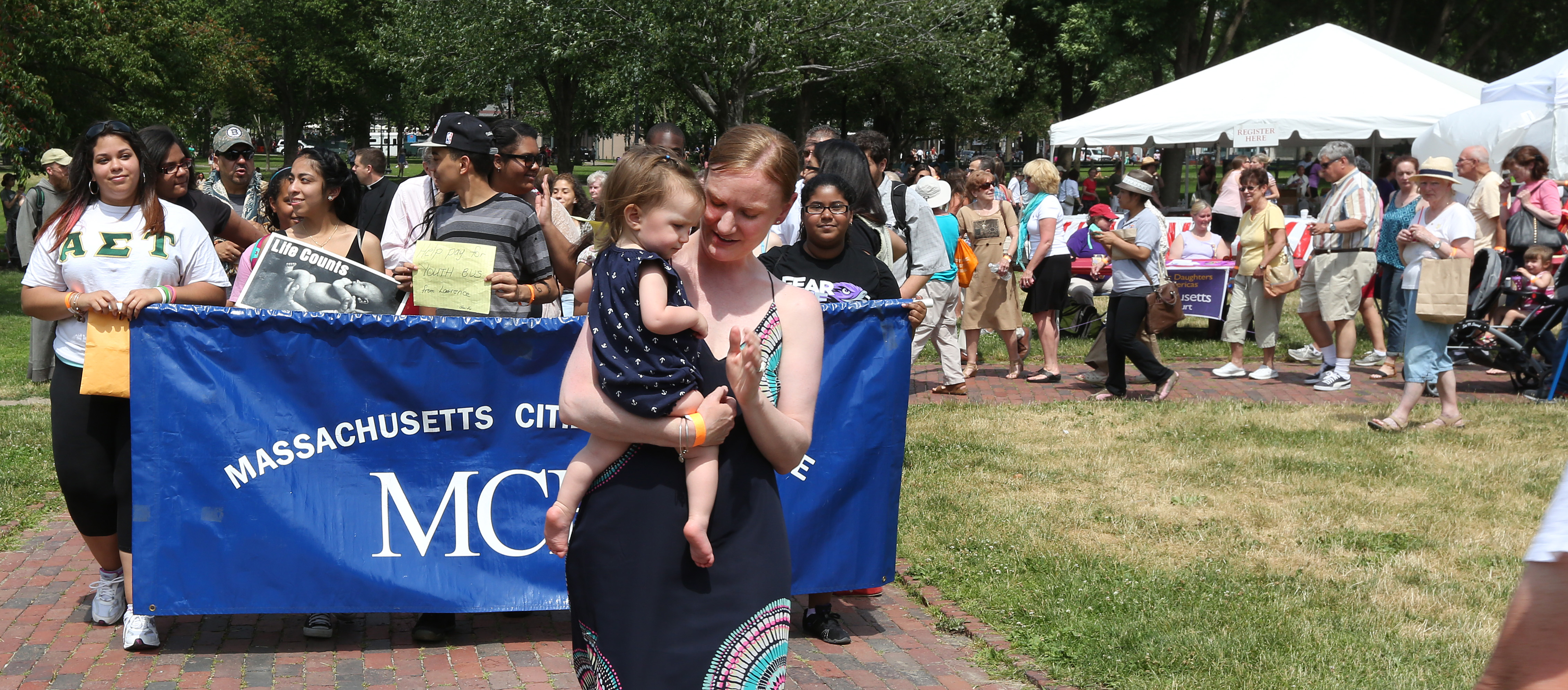 Courtney Silvani of Shrewsbury led the “Respect Life Walk” while carrying her daughter, Ryleigh, at Boston  Common.