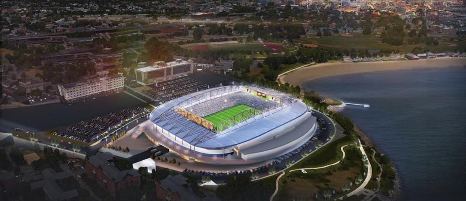 Rendering of a soccer stadium that the Krafts had proposed for a Dorchester property owned by the University of Massachusetts.
