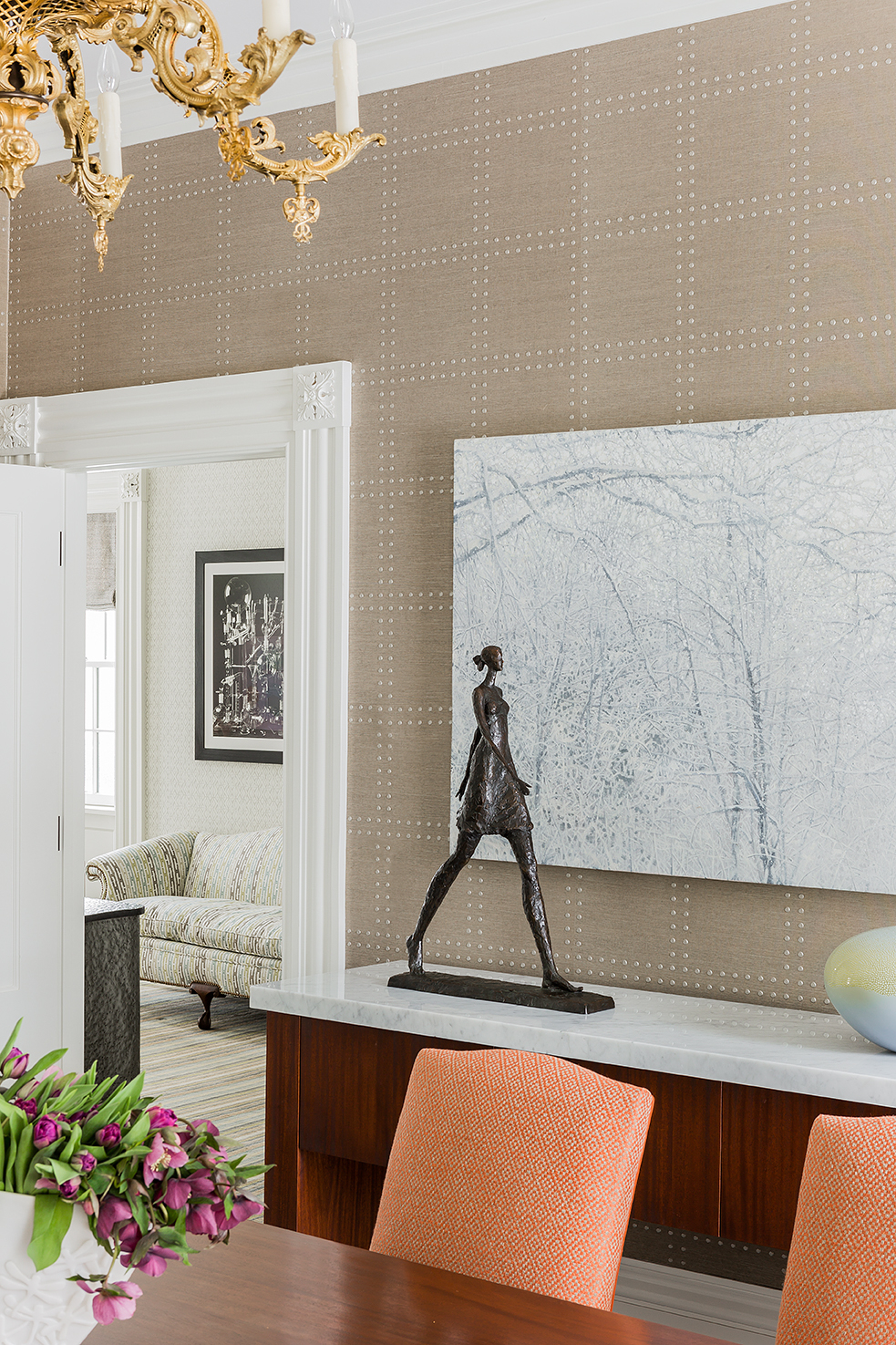 A textured wallpaper was used in a Jamaica Pond dining room.