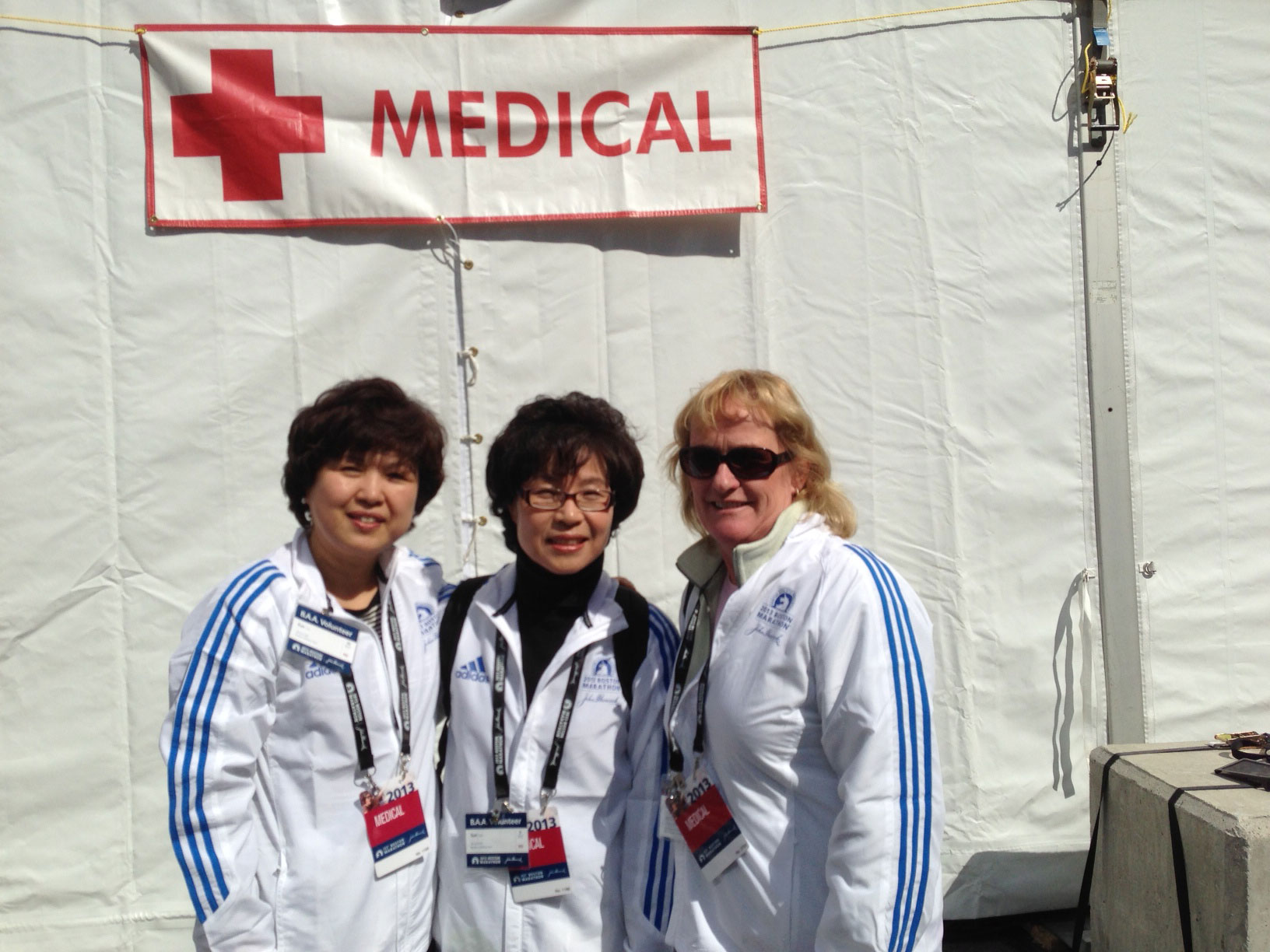 Winchester Hospital’s Eun Kim (left), Sun Park (center), and Julie Christopher at the Marathon medical tent.