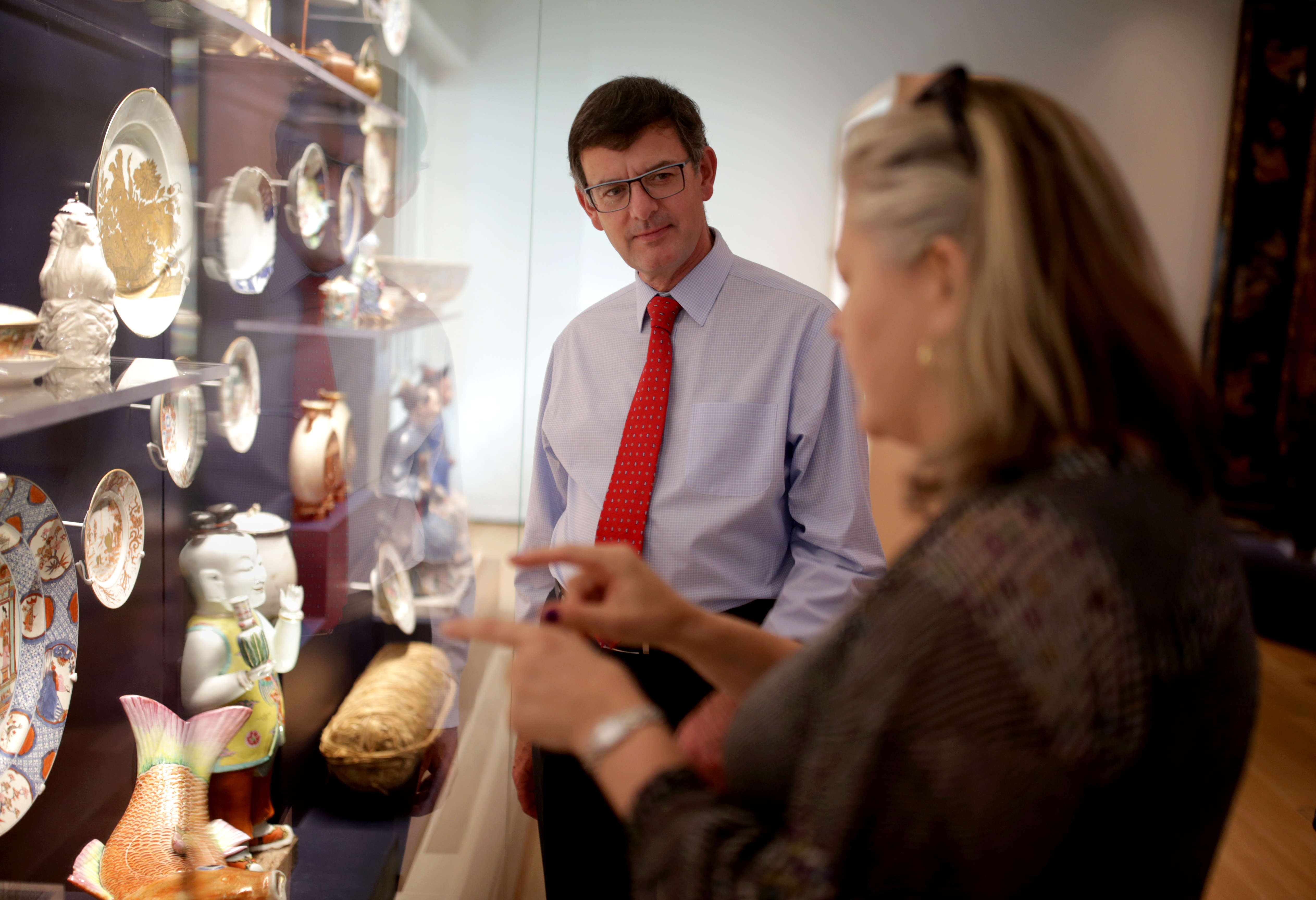 Brian Kennedy (left) with Karina H. Corrigan, The H.A. Crosby Forbes Curator of Asian Export Art, inside the Asian Export Art gallery.