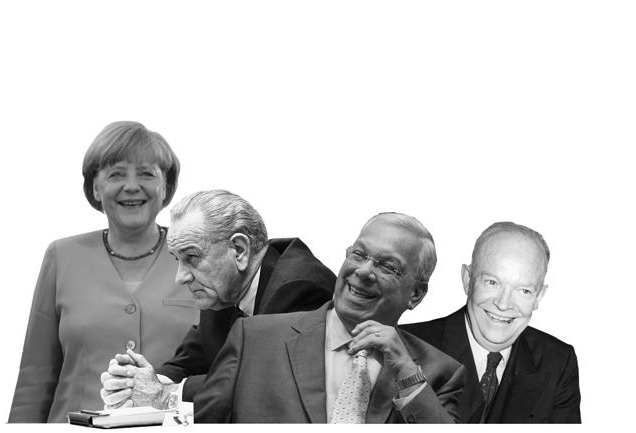 Effective leaders may come off as boring, even proudly unglamorous. From left: German chancellor Angela Merkel, President Lyndon B. Johnson, Mayor Thomas Menino, President Dwight D. Eisenhower.