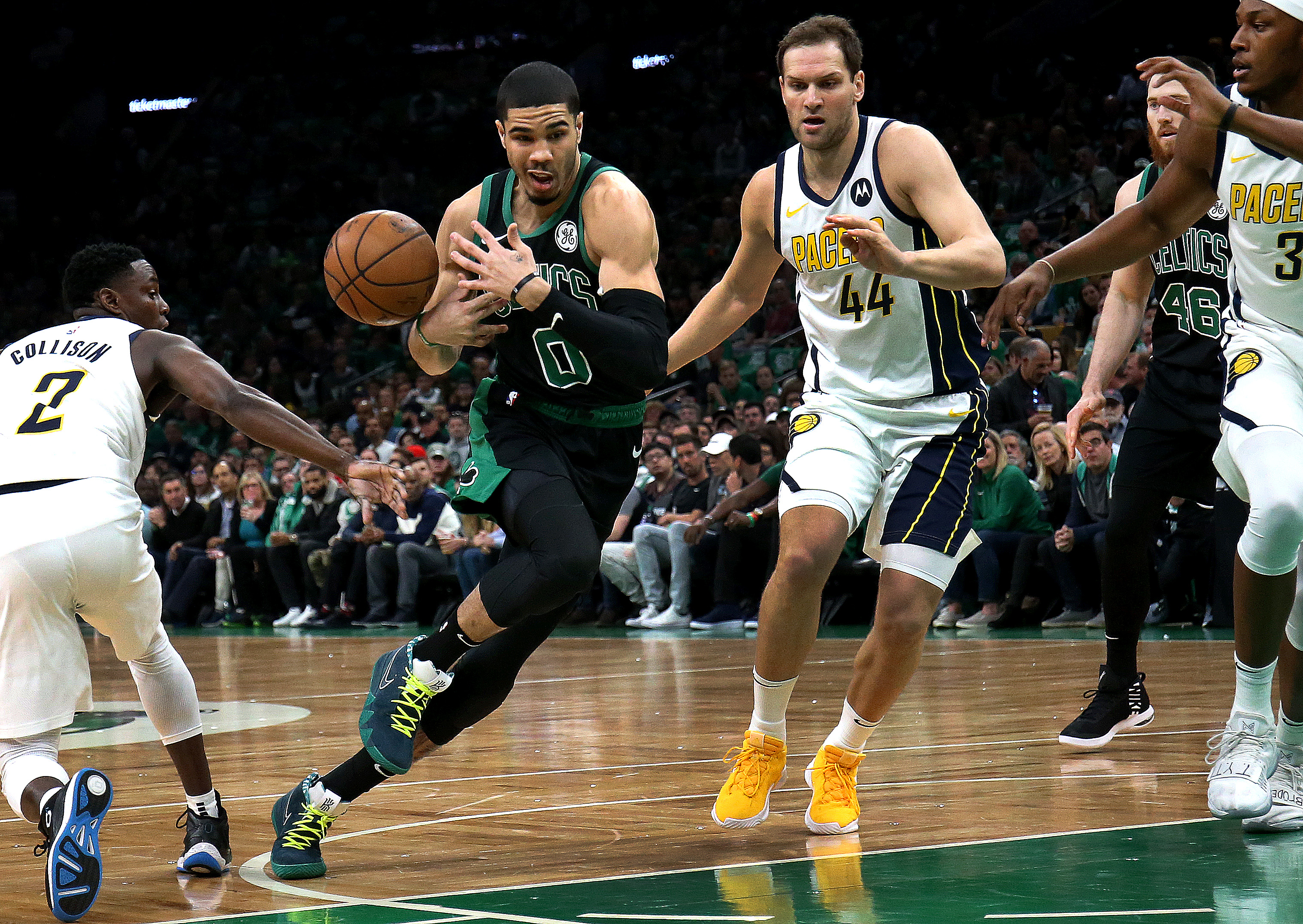 Jayson Tatum, who finished with 15 points, loses control of the ball on a first-half drive.
