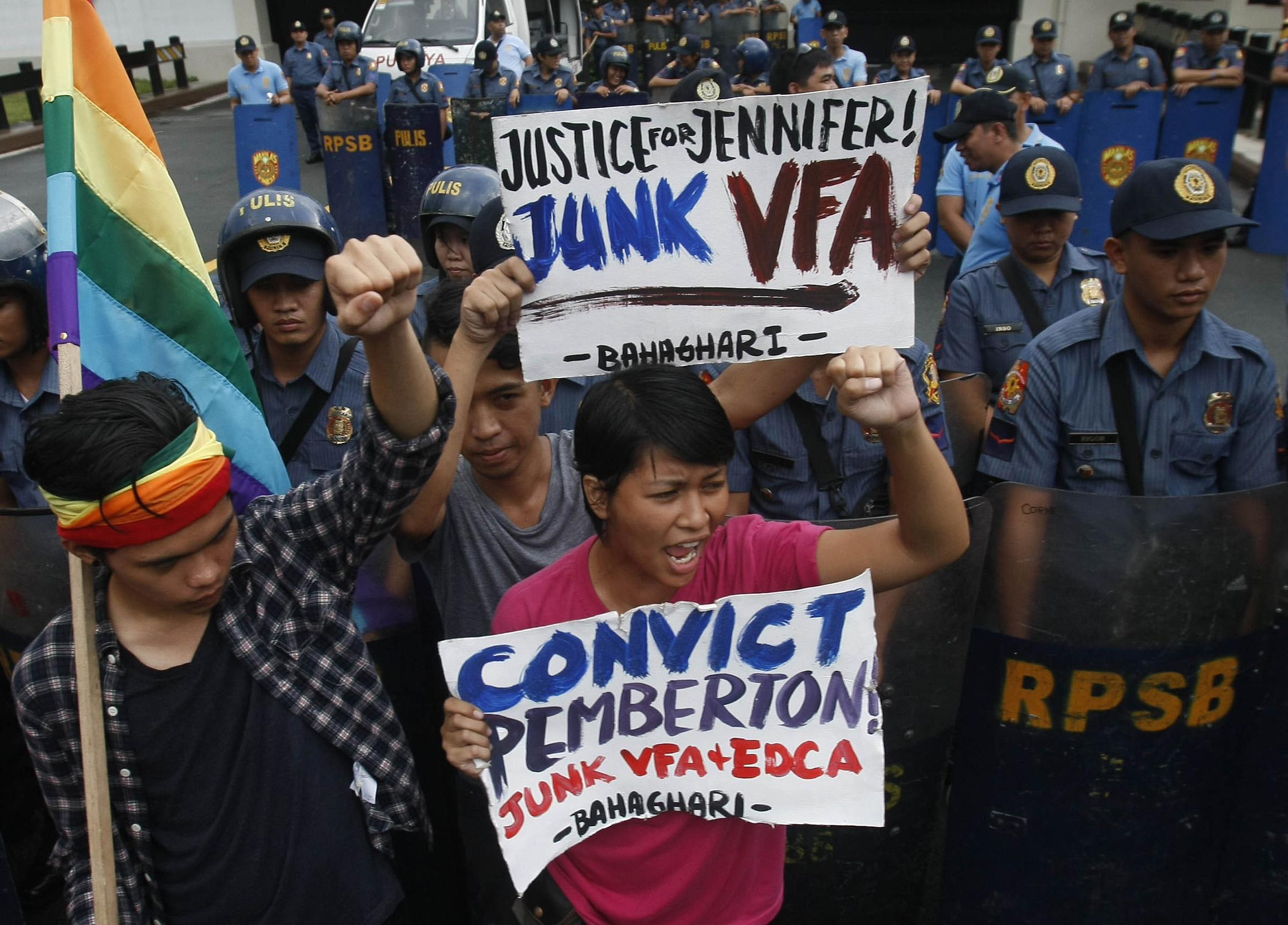 Protesters shouted slogans Tuesday at the US Embassy in Manila as the verdict was handed down.