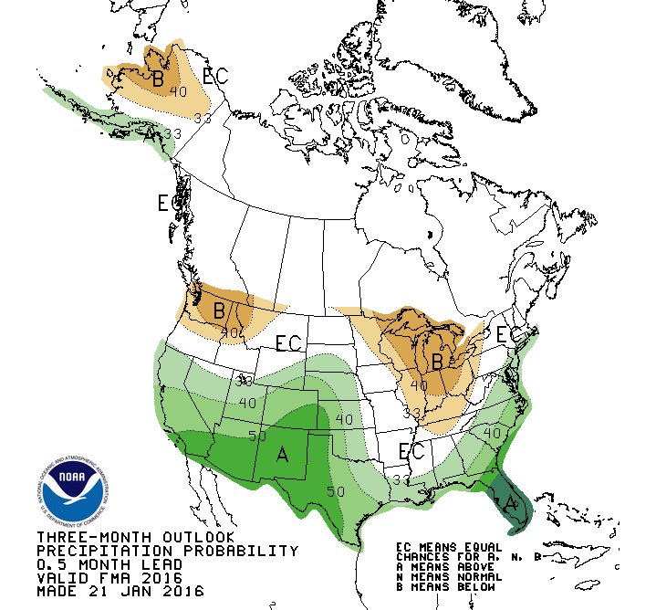 The above map shows precipitation pattern expectations for February, March, and April. Green colors signal the expectation for above-normal precipitation. Brown signals the opposite.