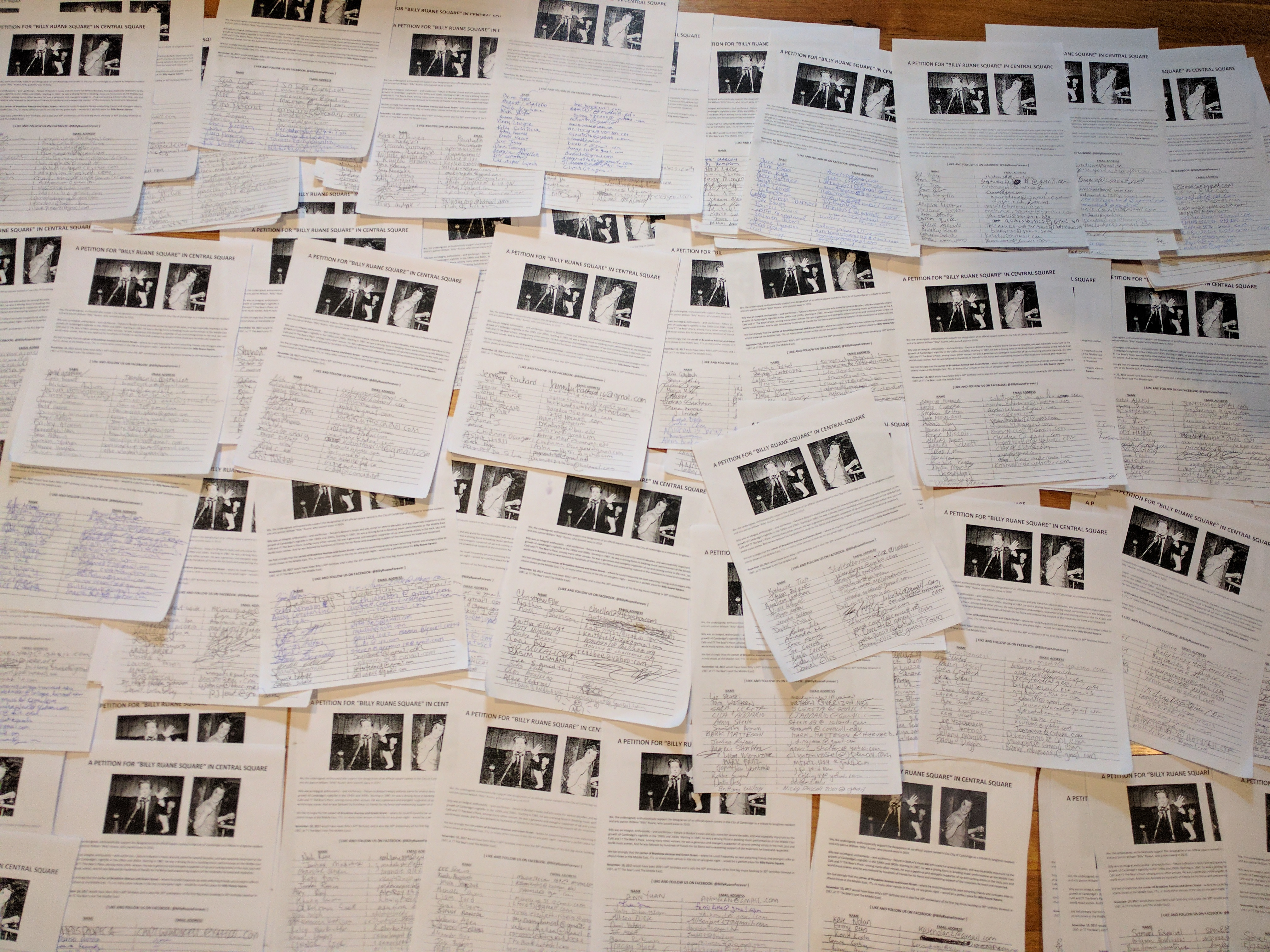 Some of the petitions requesting that Cambridge memorialize the late promoter Billy Ruane.
