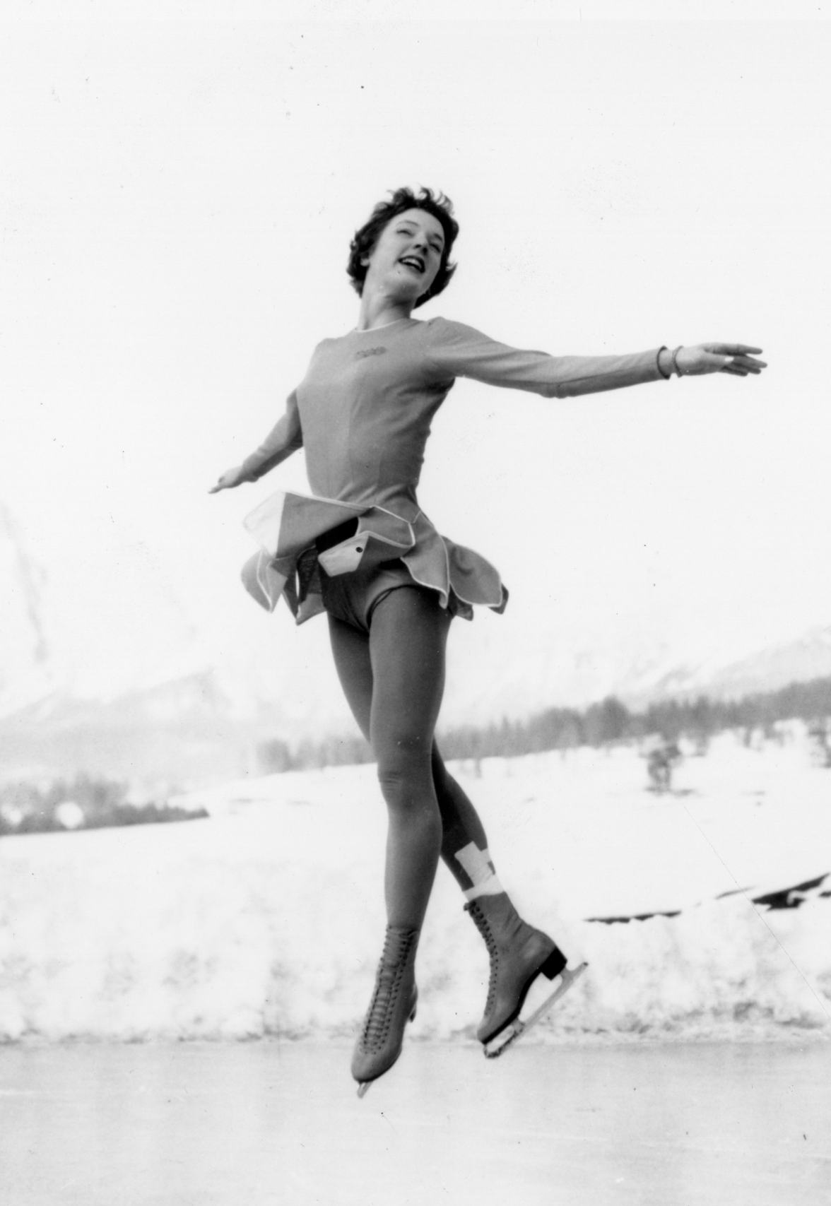Albright took a practice leap before competing in the 1956 Winter Olympics in Cortina, Italy.