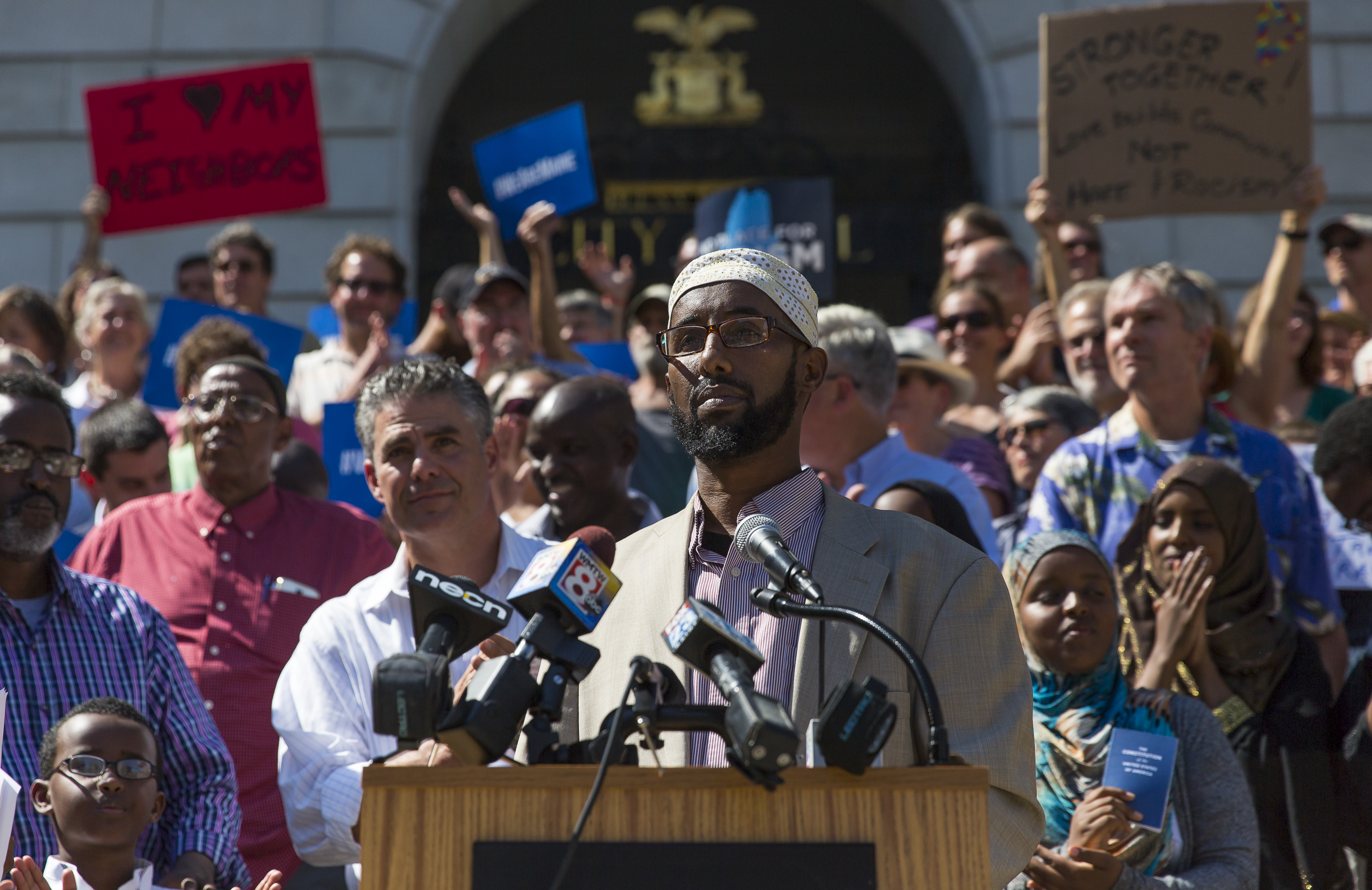 Mahmoud Hassan, president of the Somali Community Center of Maine, helped lead a rally at Portland City Hall on Aug. 5 to protest comments by Donald Trump, who said Maine’s Somali community is linked to an uptick in crime.