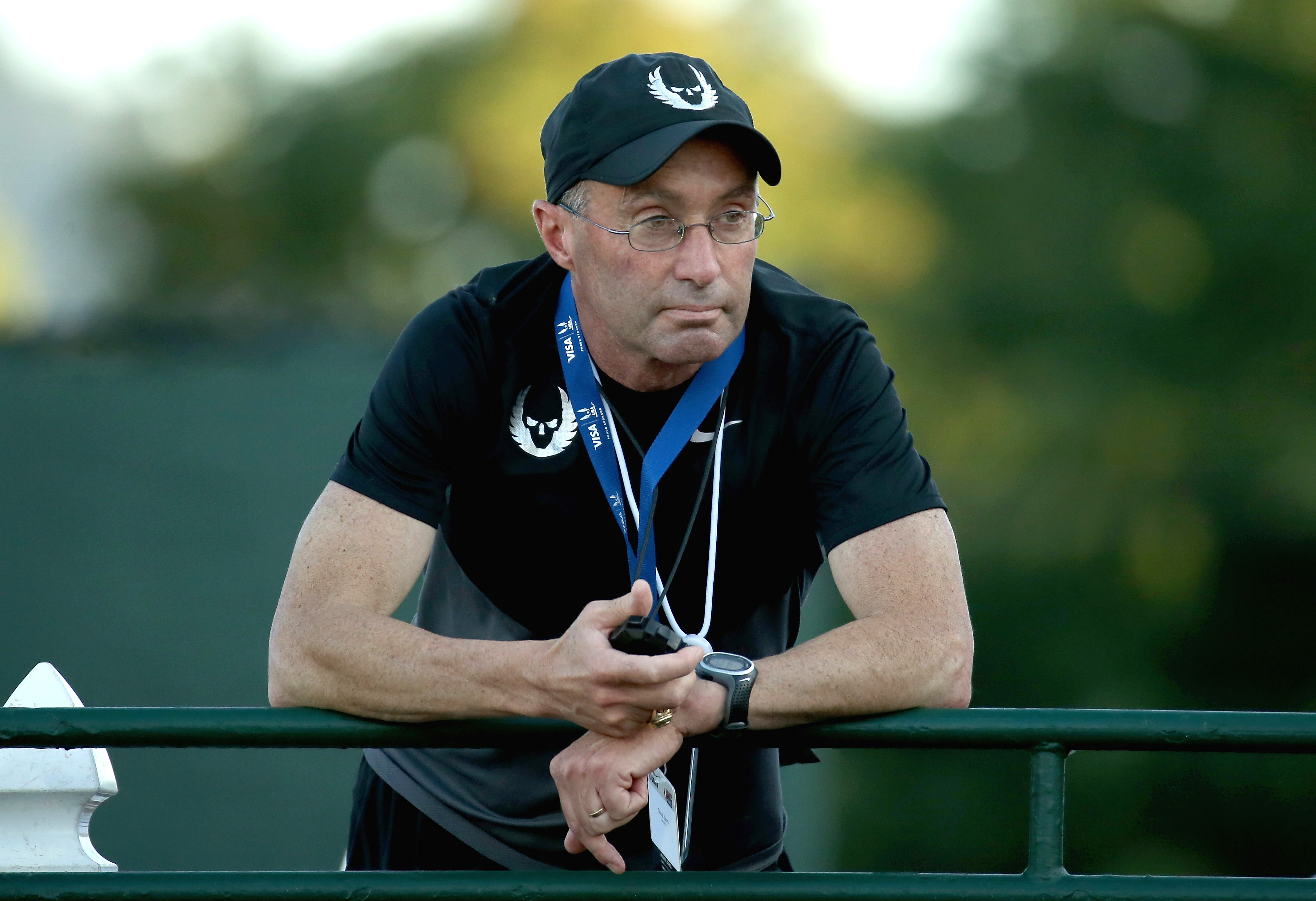 Alberto Salazar watched the Mens 10,000 Meter during day one of the 2015 USA Outdoor Track & Field Championships at Hayward Field.