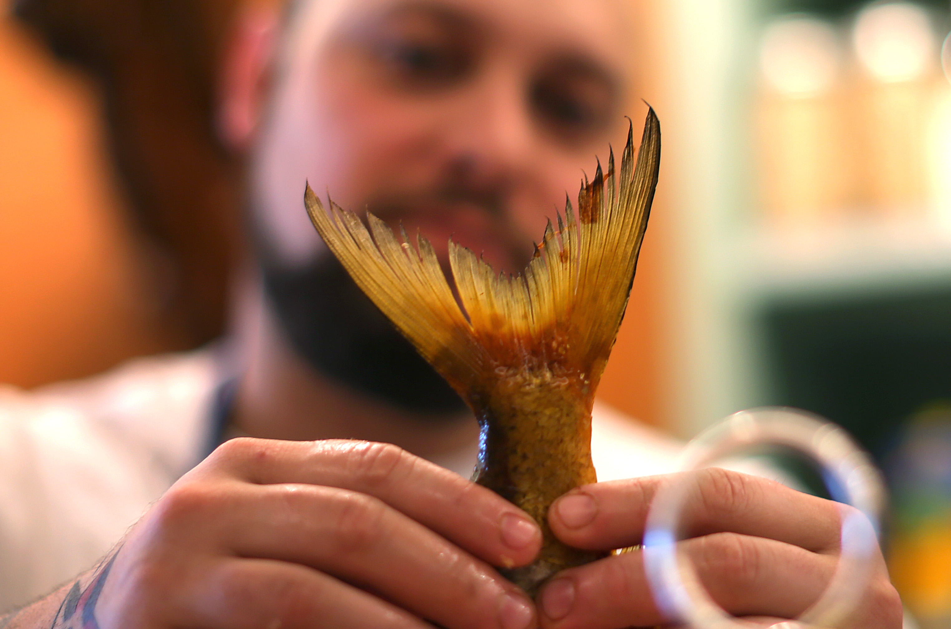 A smoked fish tail, held by chef Kyle McClelland, will adorn the smoked fish platter at Saltie Girl on Dartmouth Street in Boston.