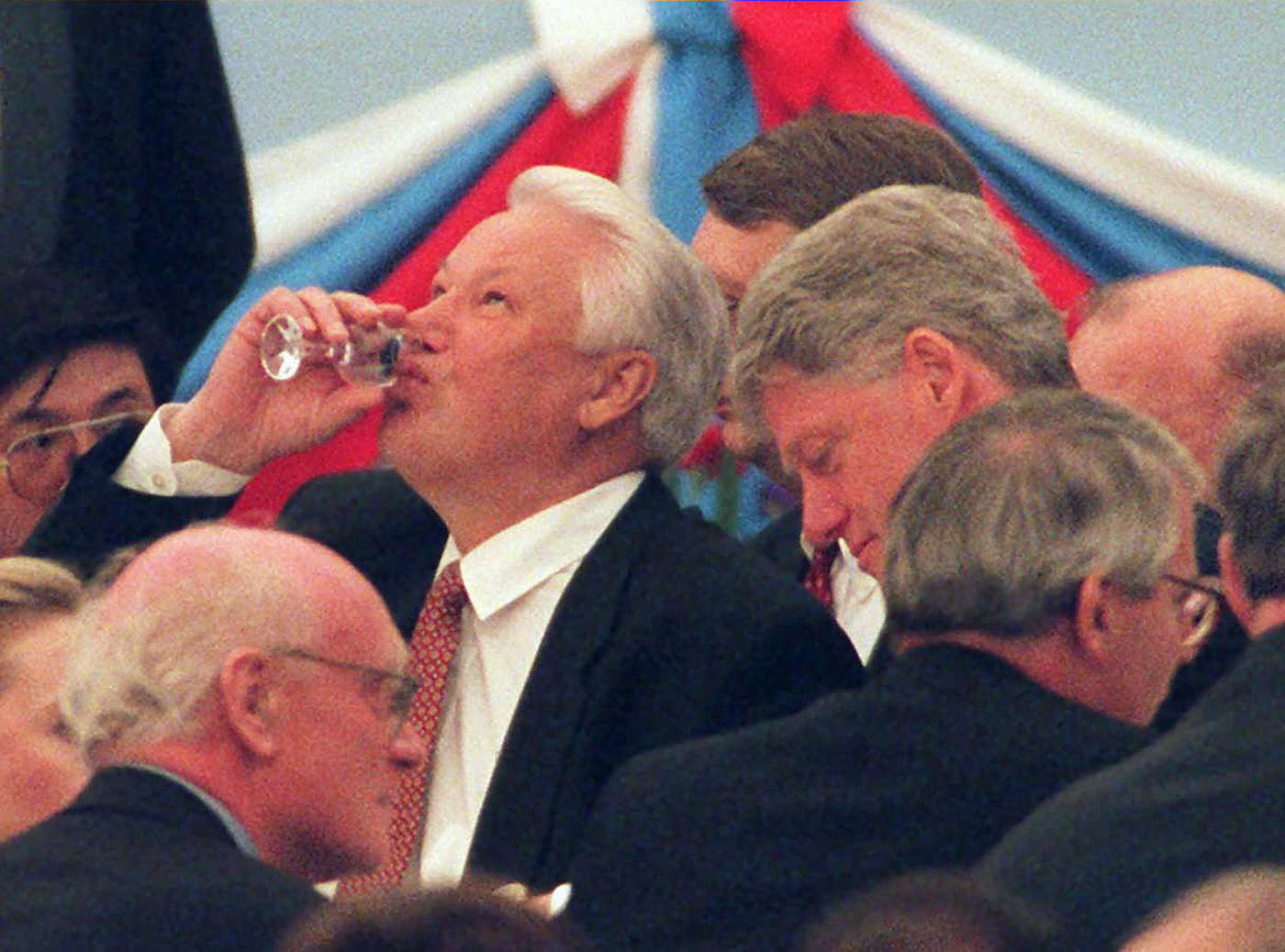 Russian President Boris Yeltsin finished his glass of vodka at a Kremlin reception in 1995.