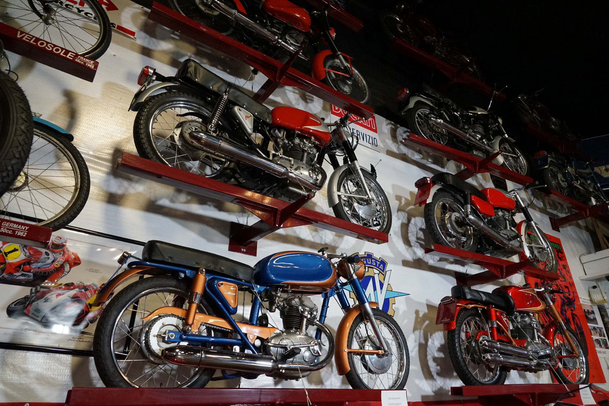 A wall of vintage motorcyles at Doffo Winery.