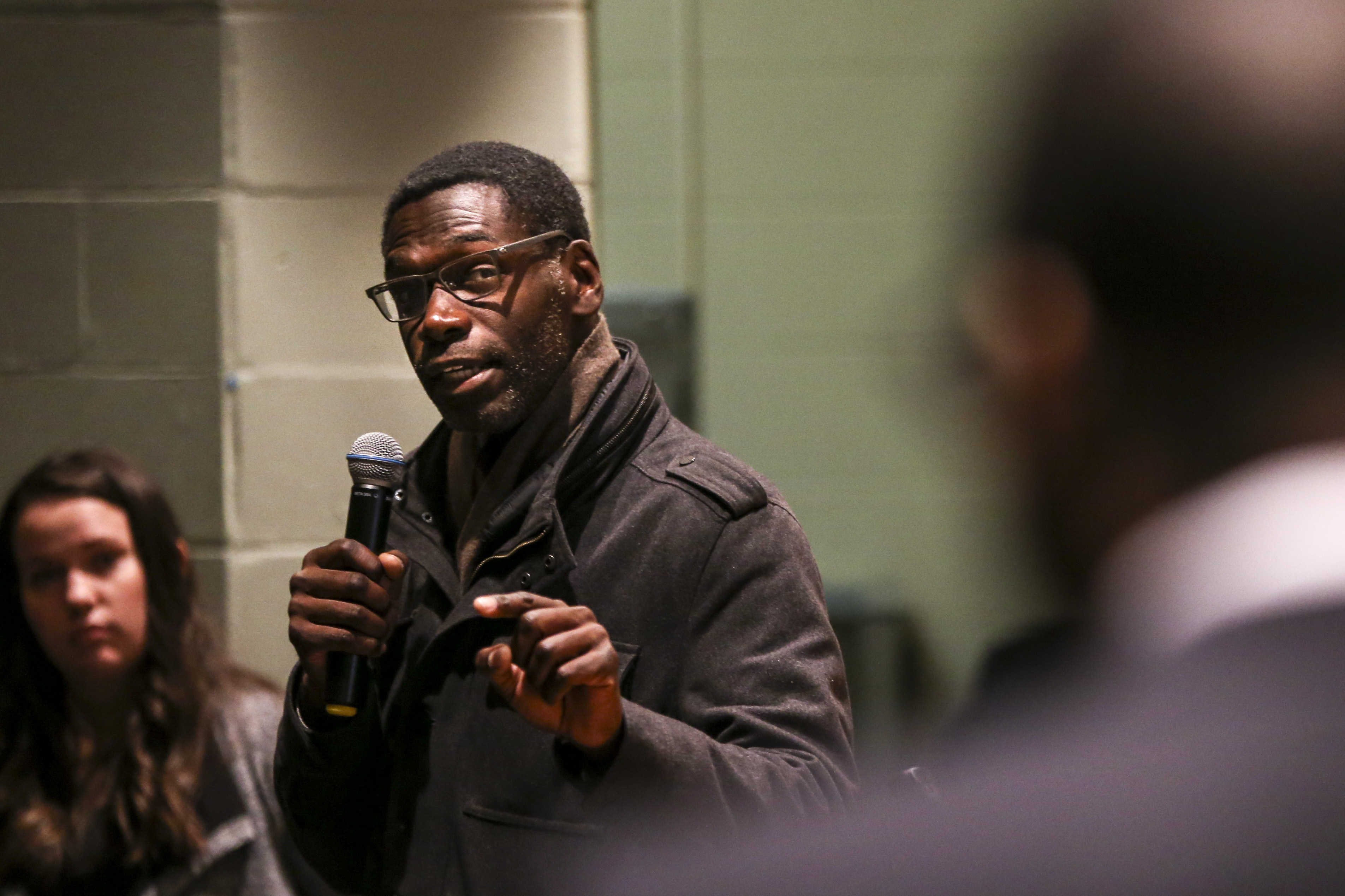 Chauncy Spencer addressed Tito Jackson at a community meeting about Jackson’s proposed pot shop in Mattapan Square.