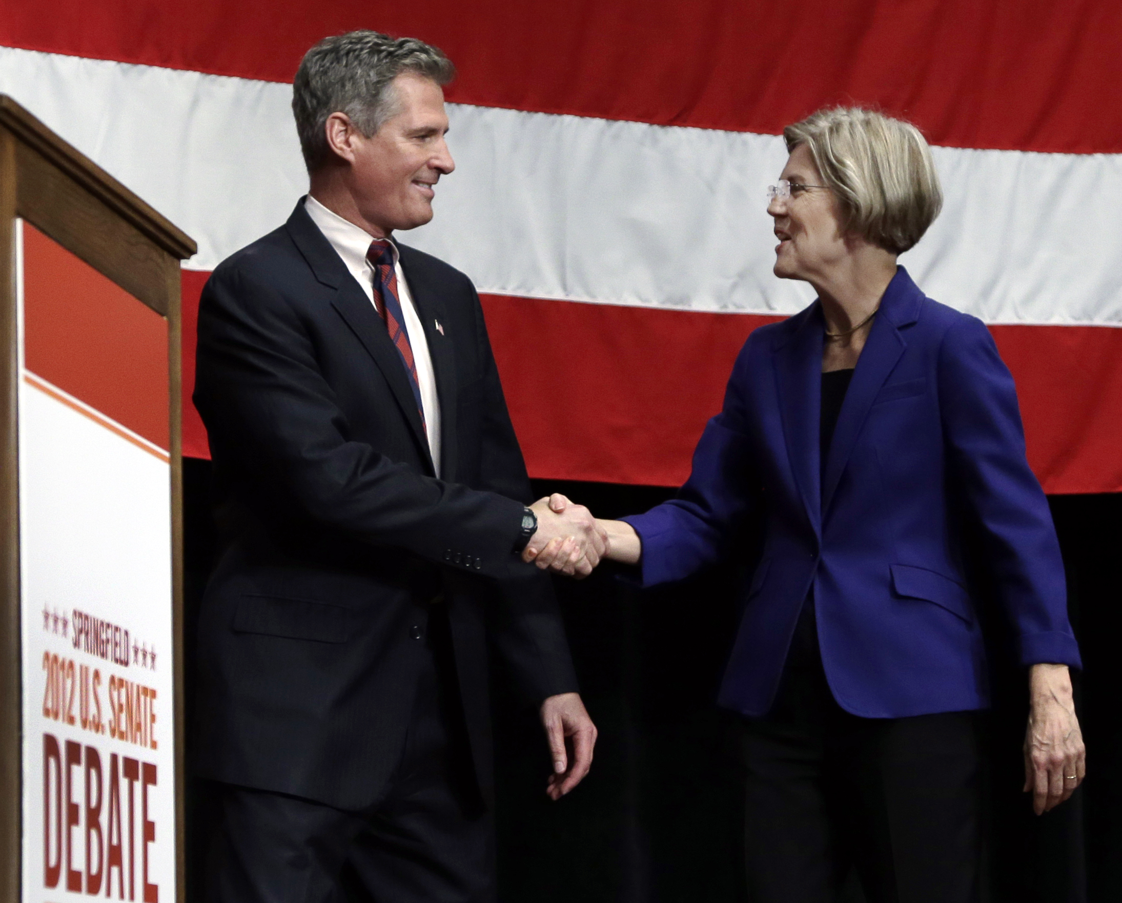 Senator Scott Brown and Elizabeth Warren shook hands prior to their debate last Wednesday in Springfield.