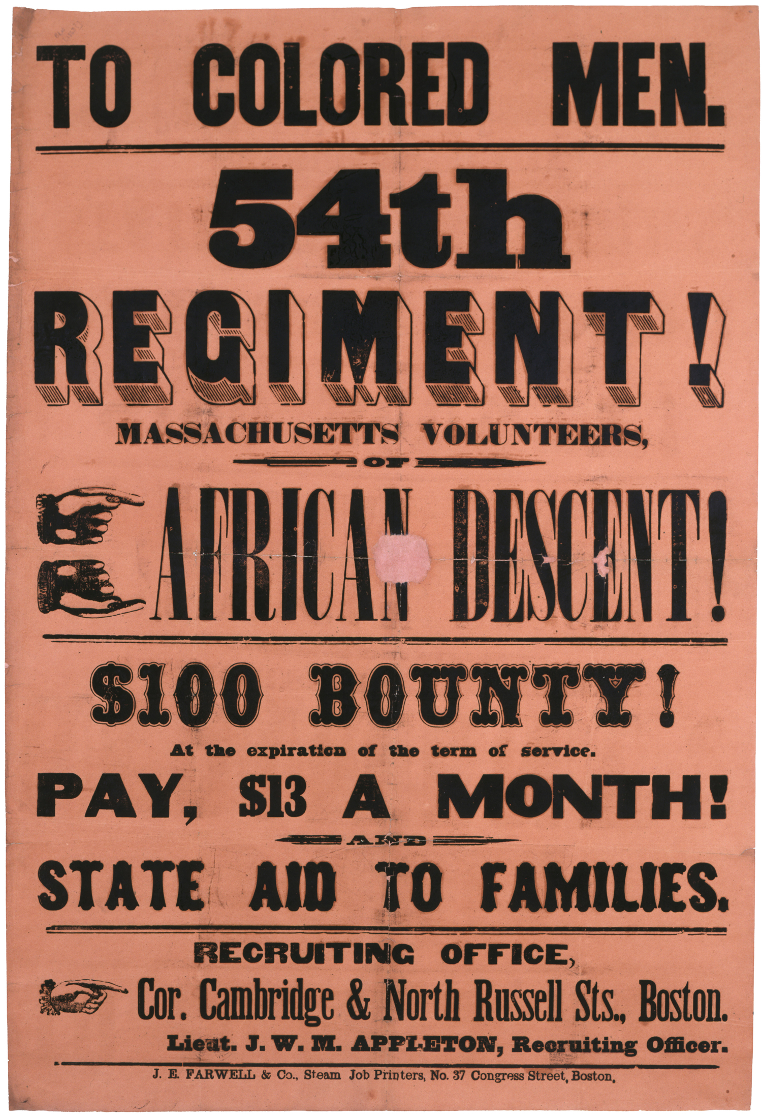 An artifact of the Civil War period, a recruitment poster for the Massachusetts regiment.