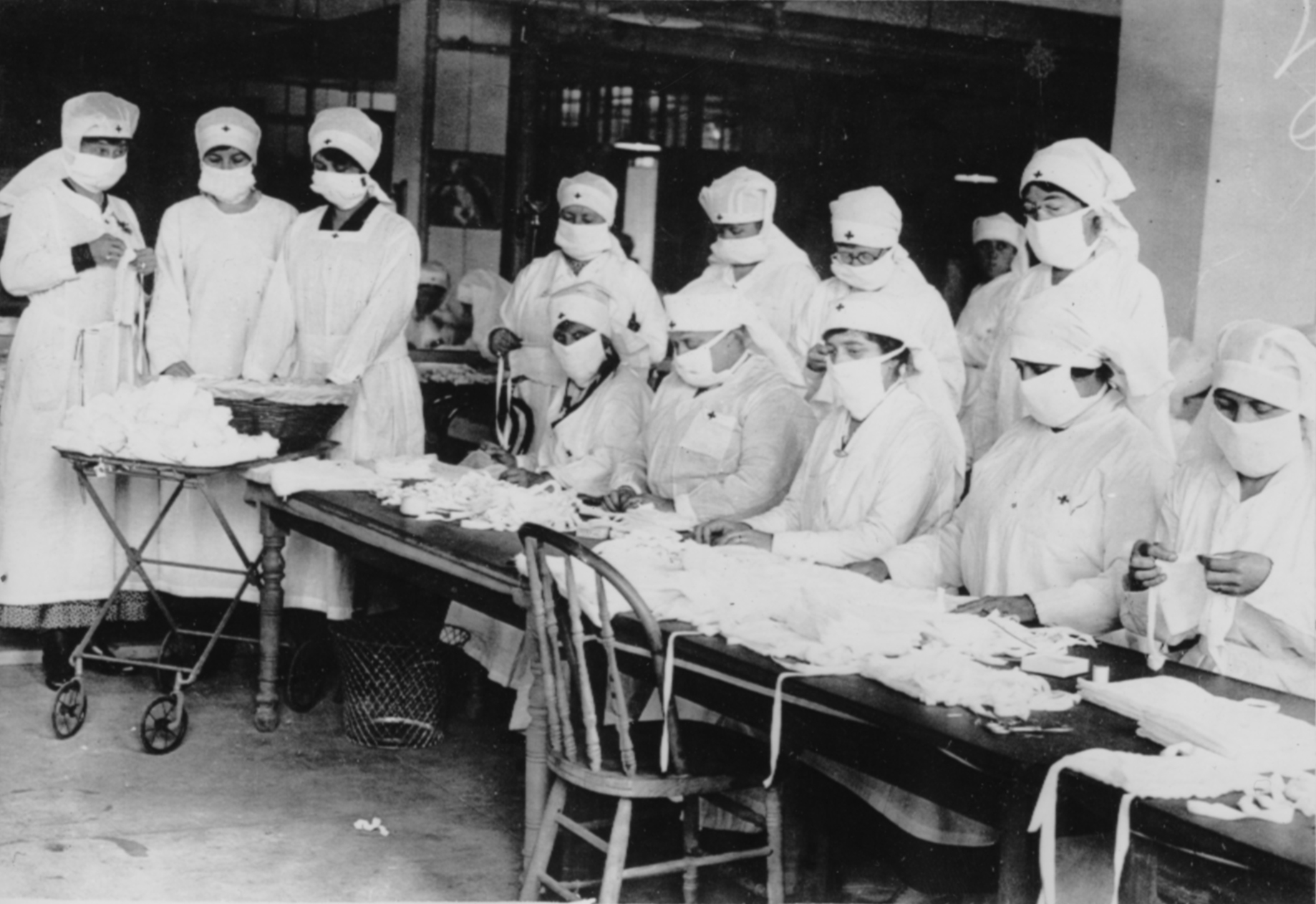 Masked Red Cross workers made gauze masks during the plague of Spanish flu.