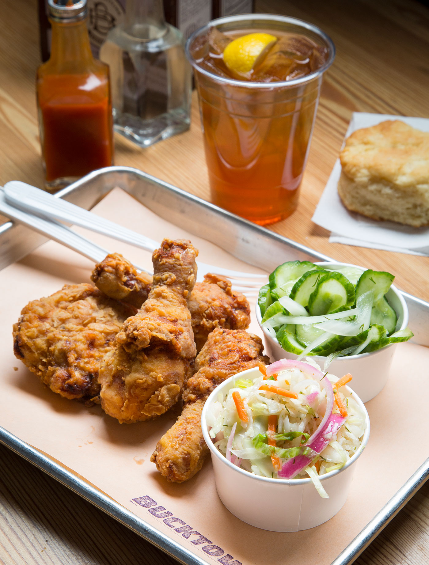 Bucktown’s atmosphere belies the high-impact taste of meals like the simple but savory fried chicken.