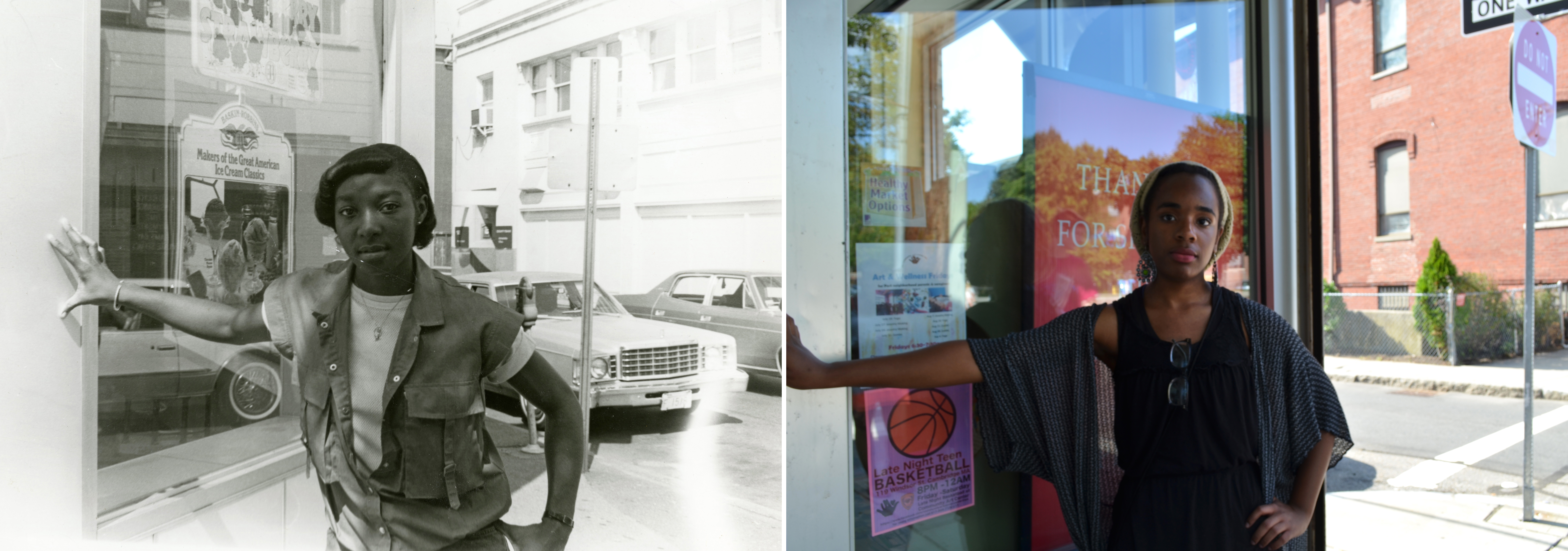 Carol Thomas (left) in an old photo reenacted by Kiara Osiris (right), who was inspired by the image of a “proud black woman . . . being herself.”