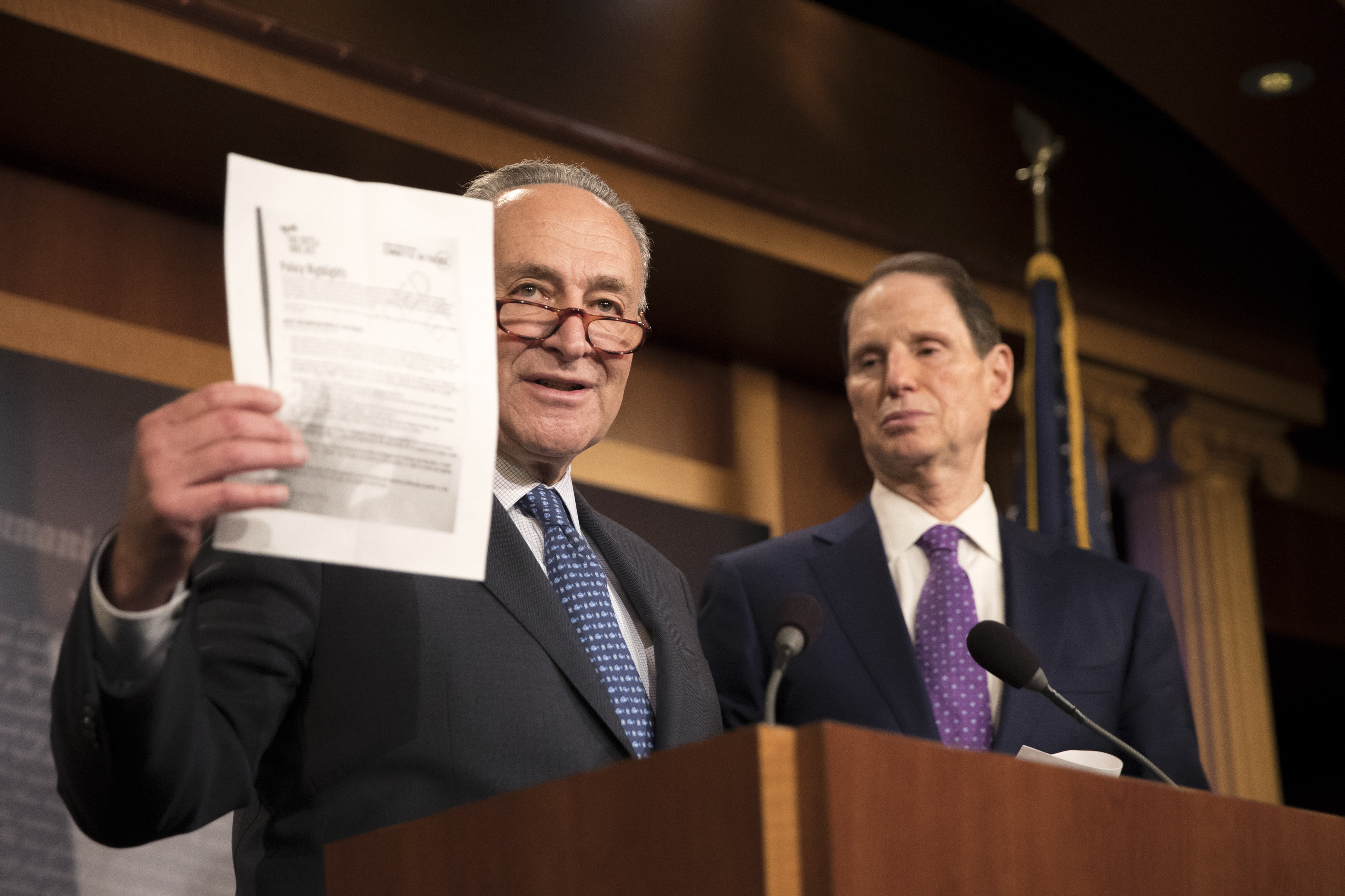 Senate Minority Leader Chuck Schumer (left) and Senator Ron Wyden, Democrat of New York, spoke about the Republican tax plan last week.